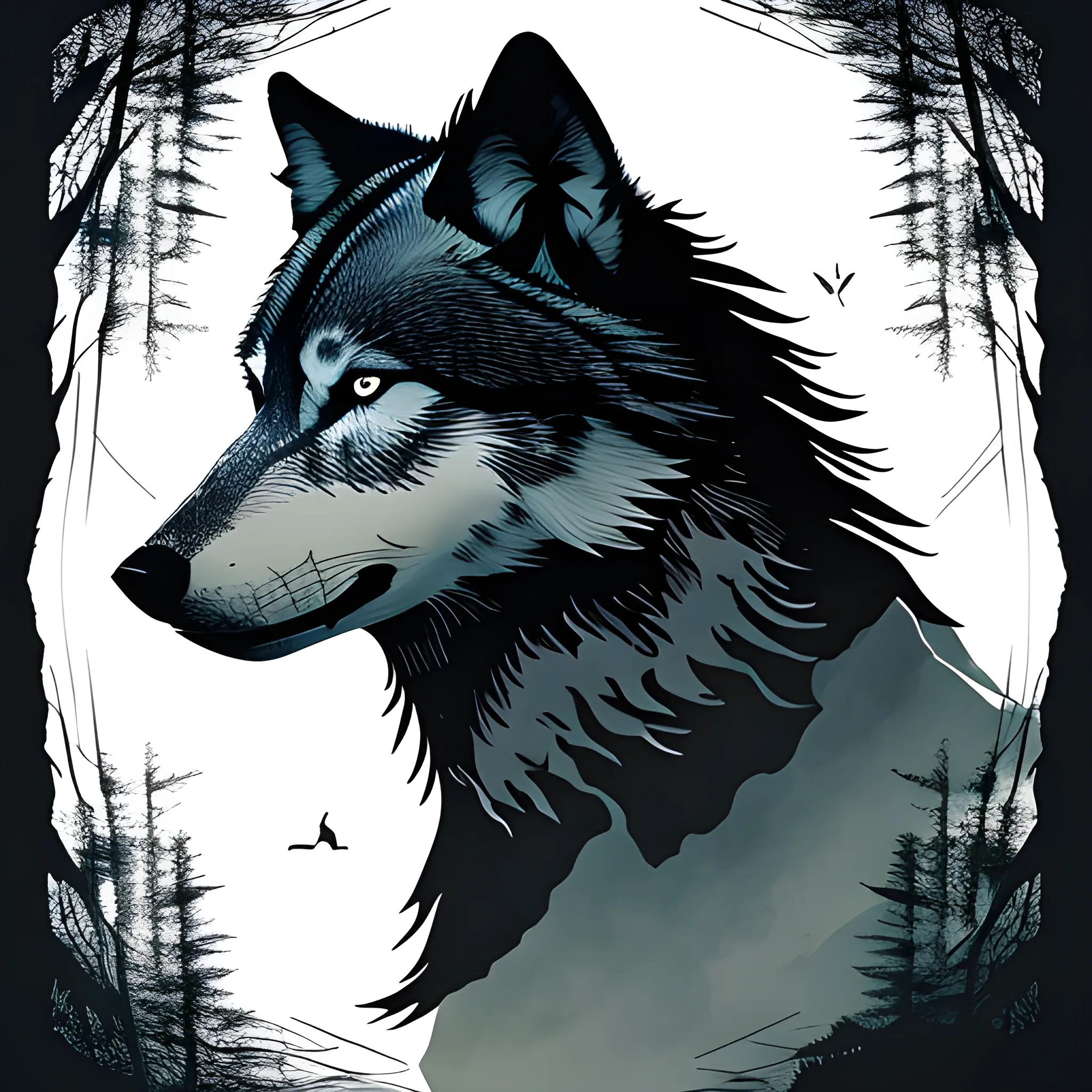 Elevate this: "A captivating double exposure illustration showcasing the silhouette of a majestic wolf intertwined with the haunting beauty of an ancient forest."