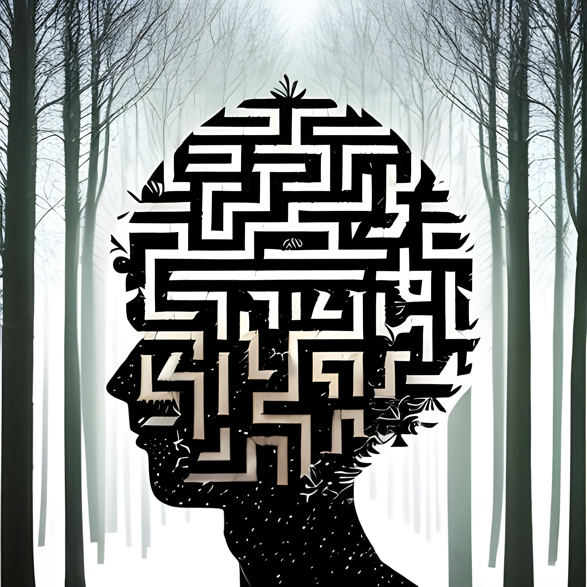 masterpiece, double exposure of a word text "MAZE" silhouette and a wintery forest background coming out of its head