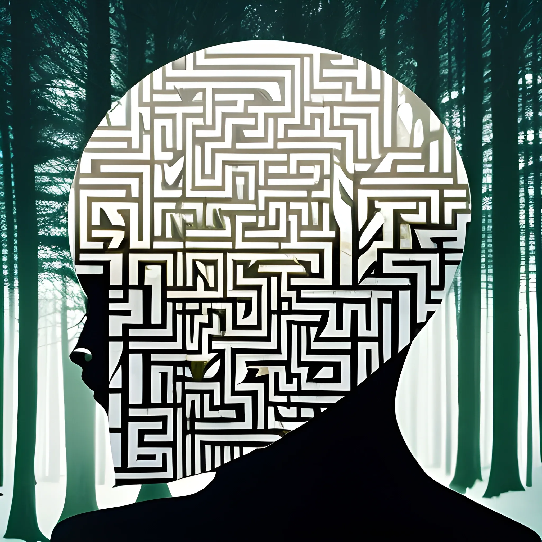 masterpiece, double exposure of a text "MAZE" silhouette and a wintery forest background coming out of its head