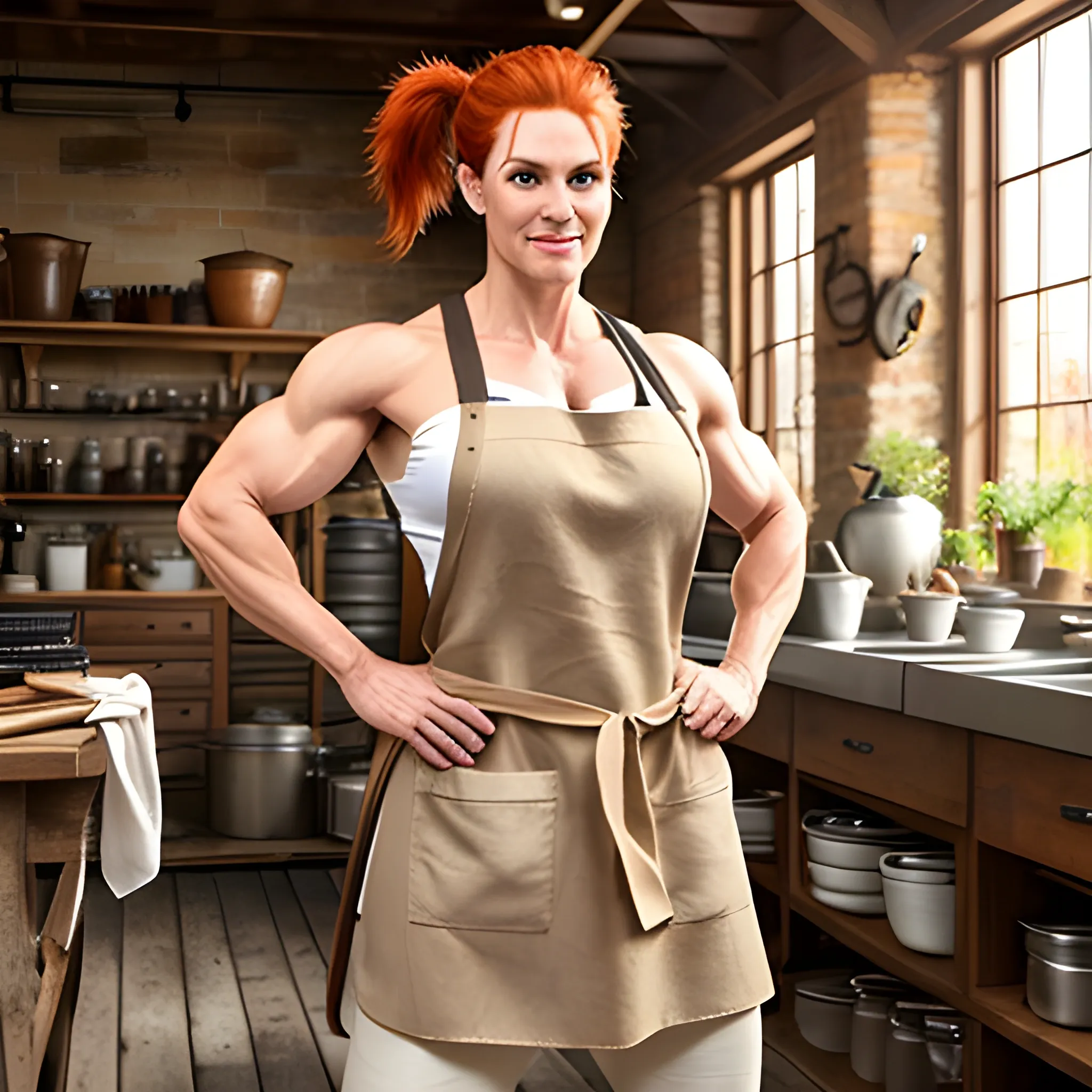 Cute, Fit, muscular, Female, giant, wearing brown linen leggings, a dirty white linen sleeveless shirt, a brown leather apron, and small brown boots, red hair pulled back in a ponytail, holding a hammer, in a blacksmith workshop, realistic.