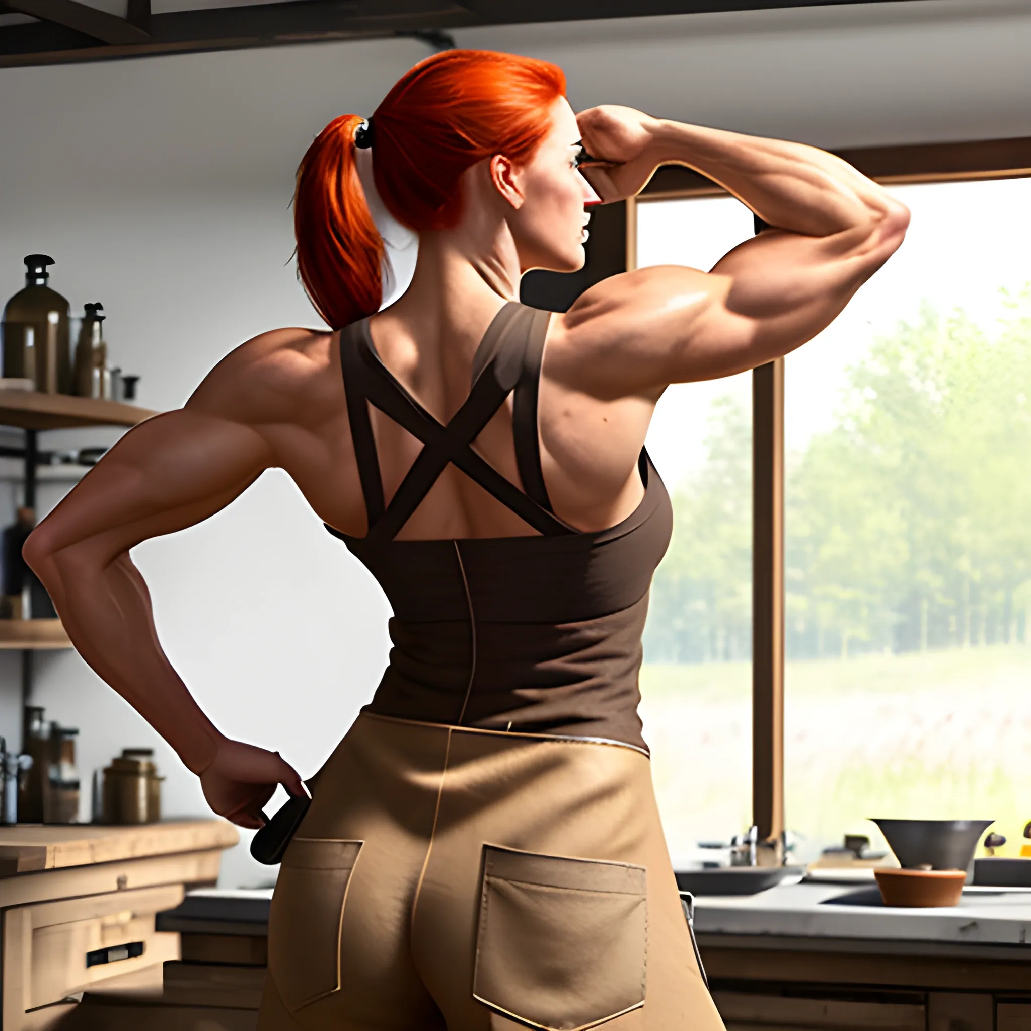 Cute, Fit, muscular, Female, giant, wearing brown linen leggings, a dirty white linen sleeveless shirt, a dark brown leather apron, and small brown boots, red hair pulled back in a ponytail, holding a hammer, in a blacksmith workshop, view from the back looking at camera from over her shoulder, realistic.