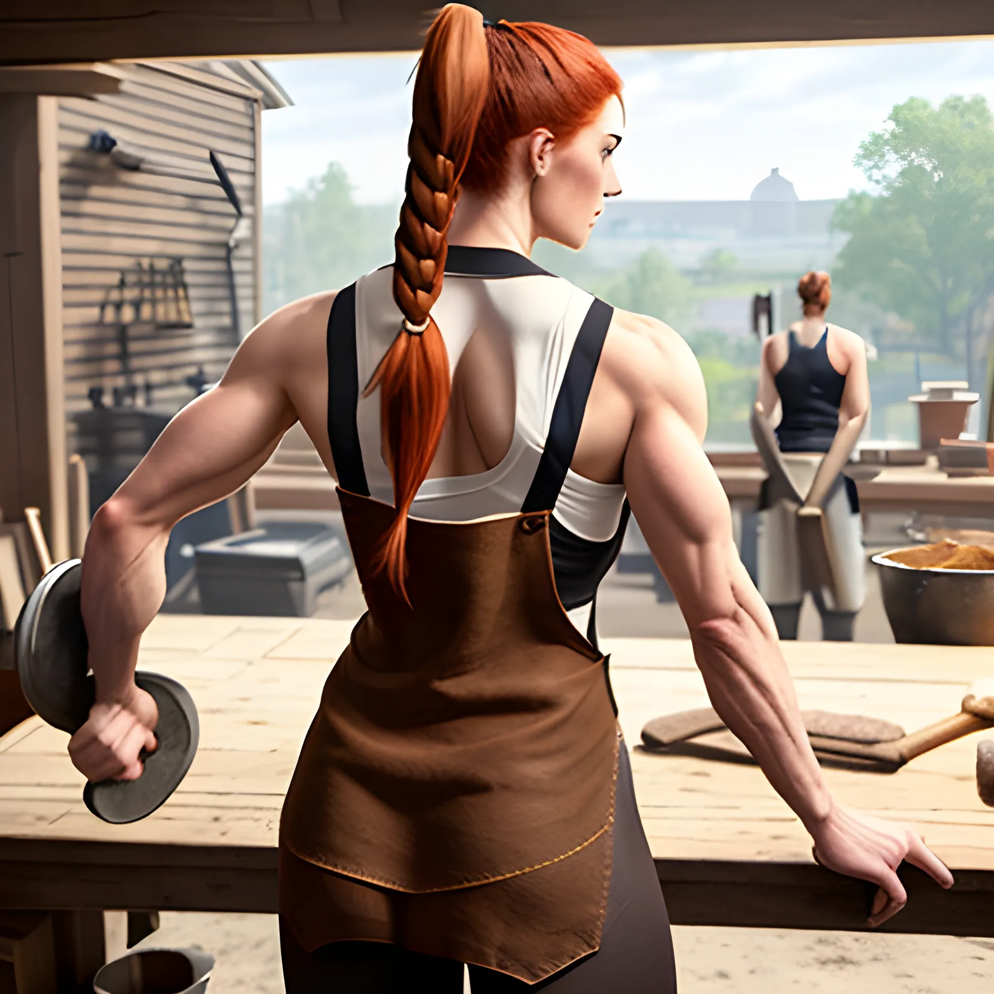 Cute, Fit, muscular, Female, giant, wearing brown linen leggings, a dirty white linen sleeveless shirt, a dark brown leather apron, and small brown boots, red hair pulled back in a ponytail, holding a hammer, in a blacksmith workshop, view from the back looking at camera from over her shoulder, realistic.