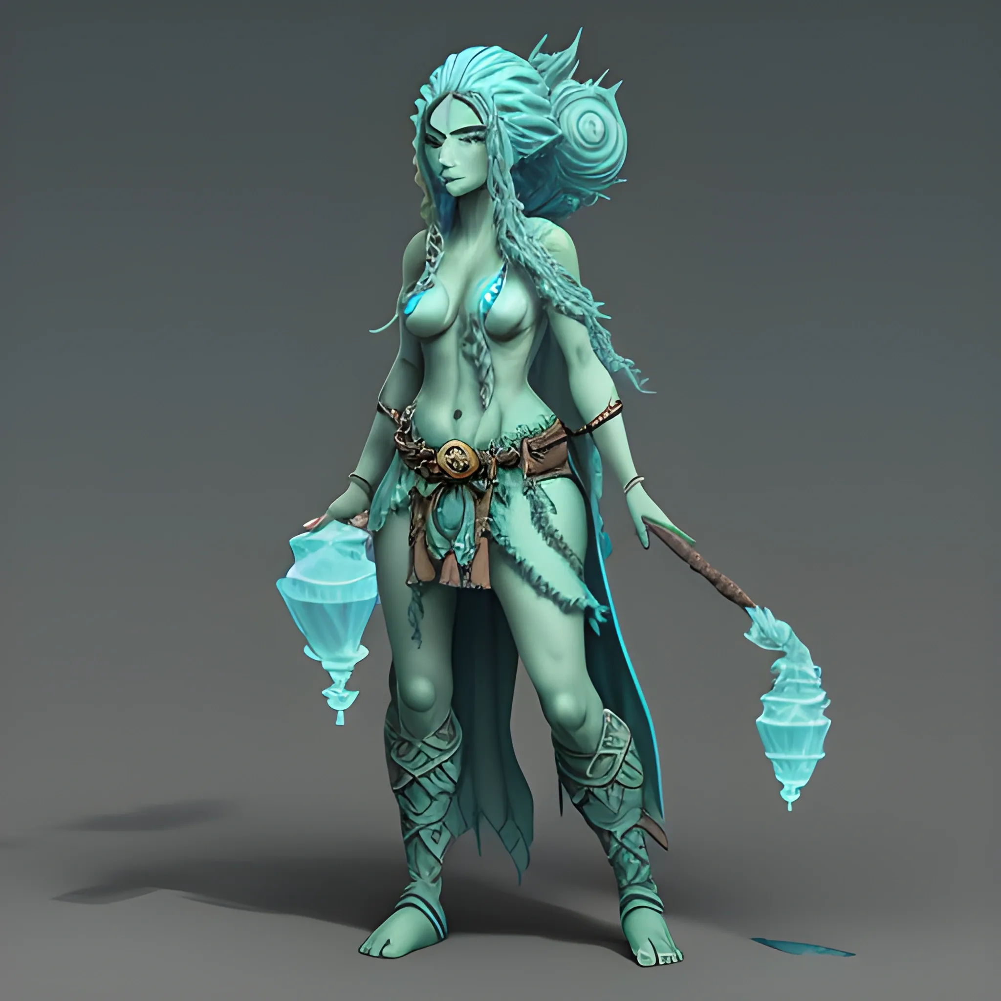 dungeons and dragons, druid, epic, female, water genasi, bluegreen skin, attractive,  cartoon, fantasy, 3D