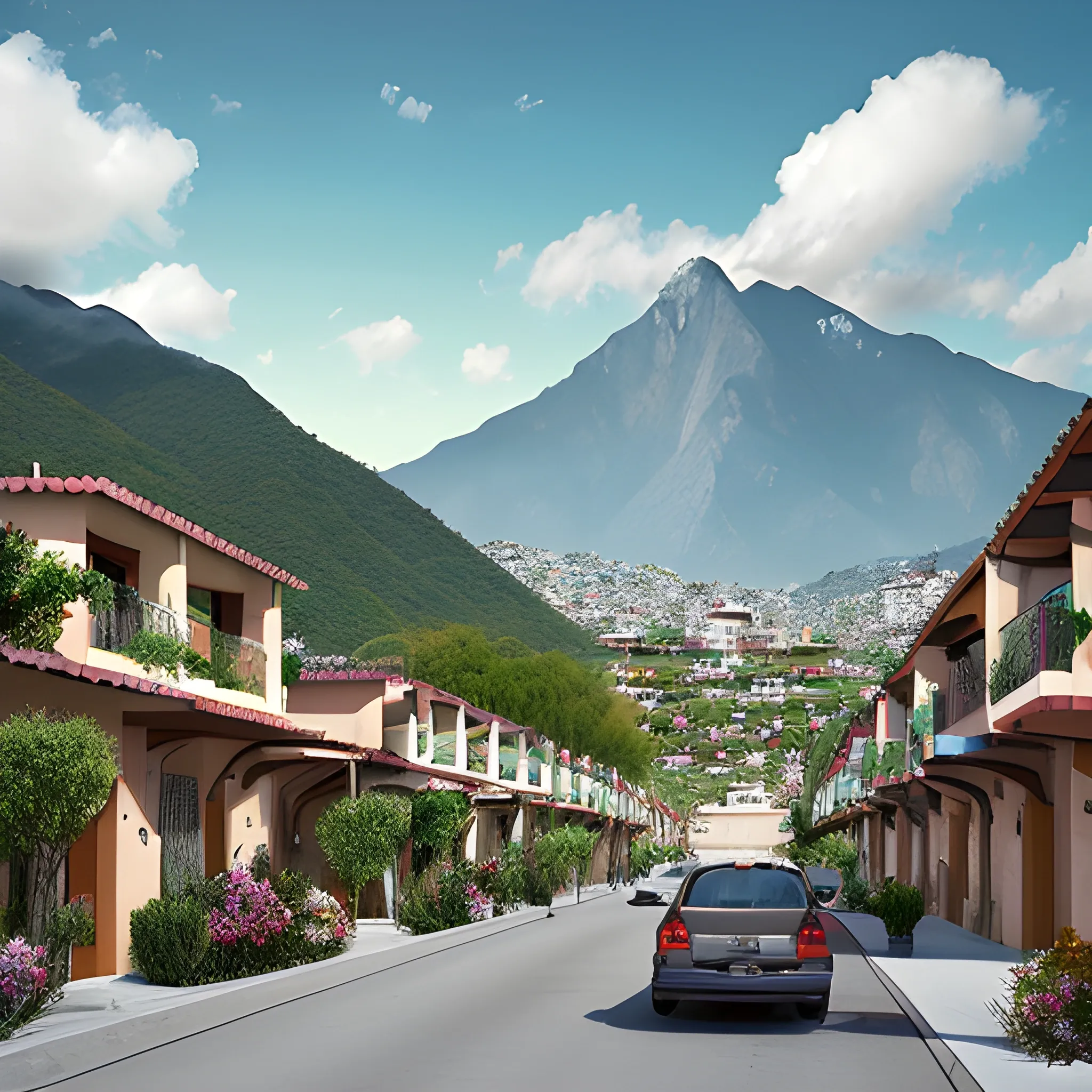 /imagine an image of  a Community in Monterrey, named 
"Paraje San José, Sector Montañas" image should represent houses with mountains in the background and many trees, here all the people help each other. Make it realistic and colorfull.