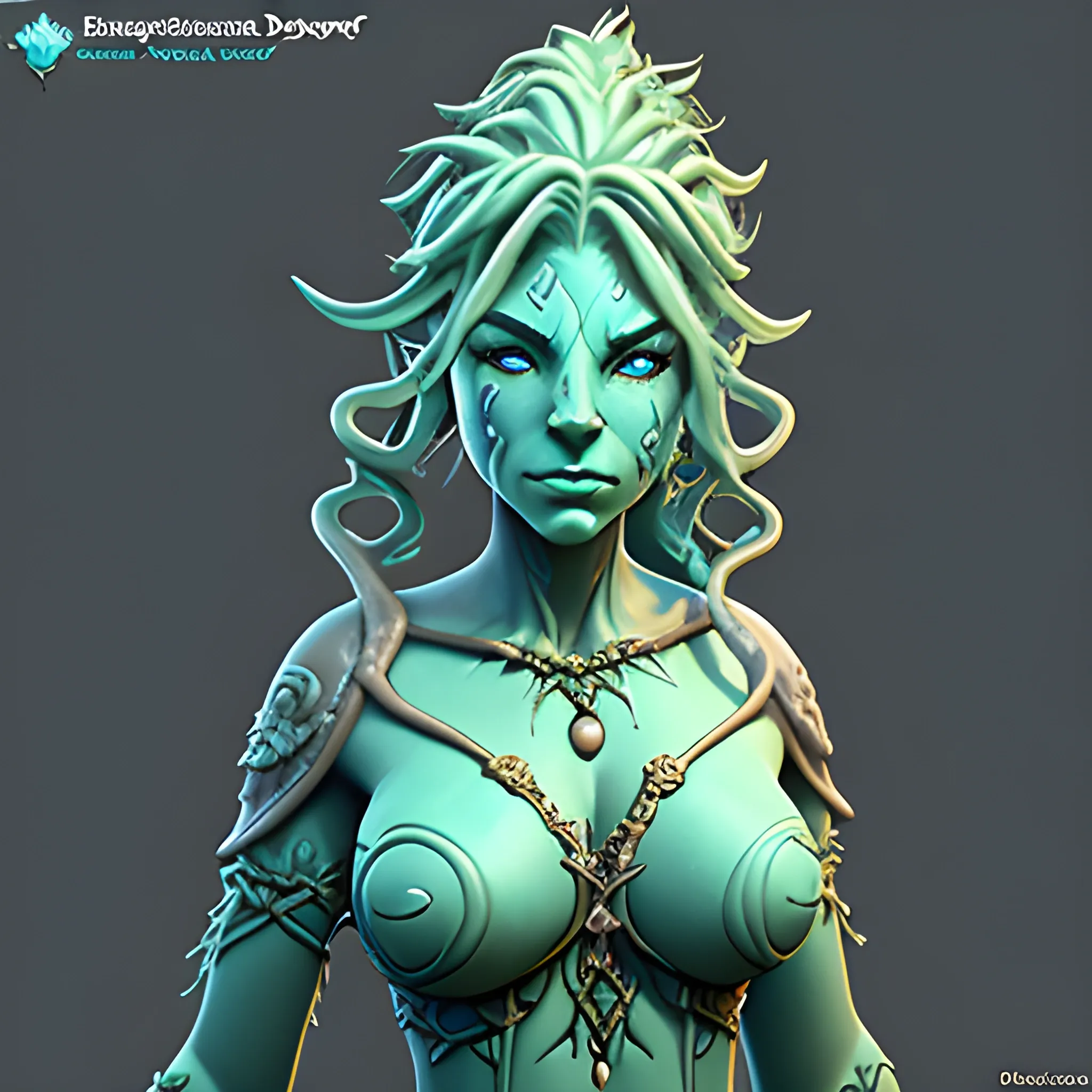 dungeons and dragons, druid, epic, female, water genasi, bluegreen skin, attractive,  cartoon, fantasy, 3D