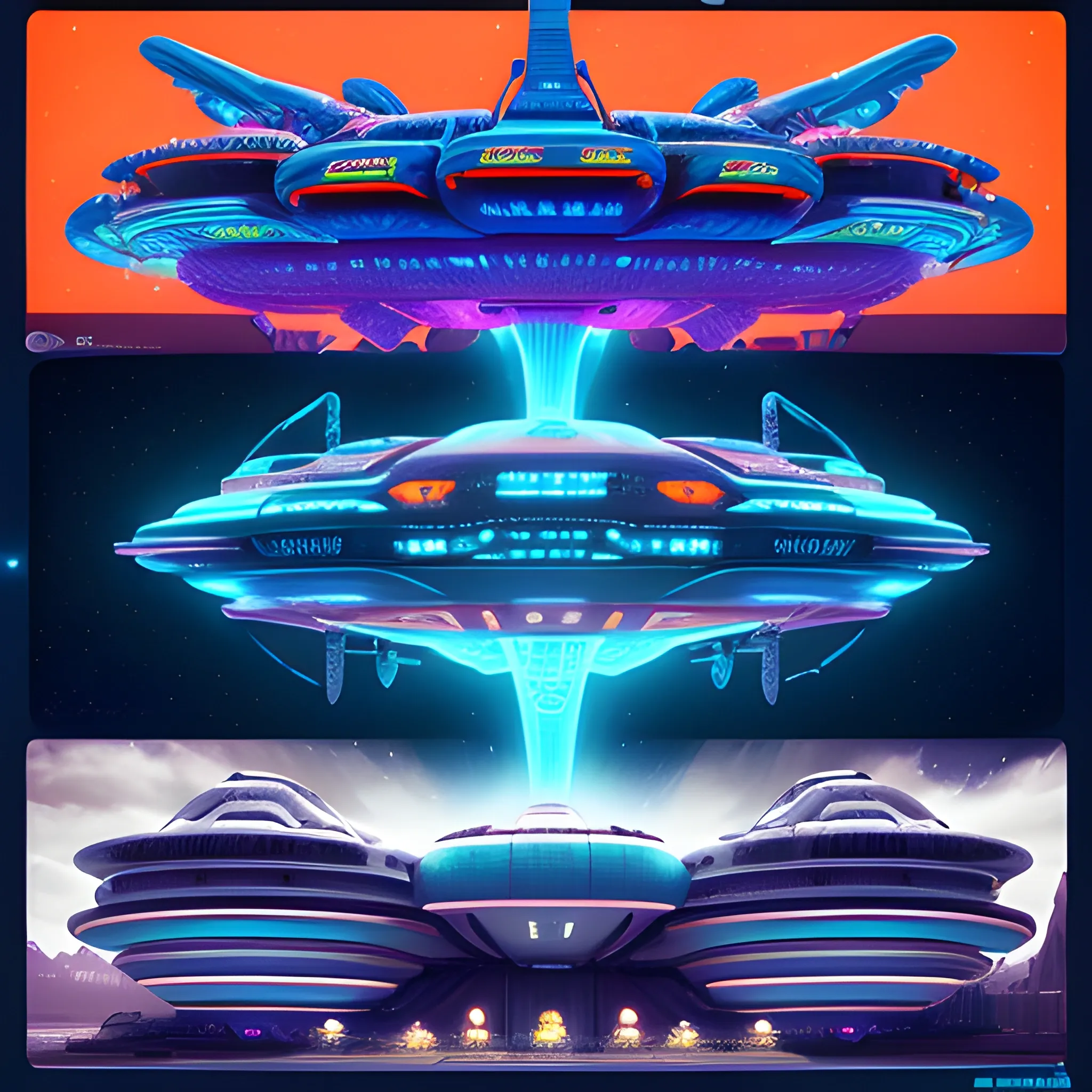 Futuristic space station double as alien colony, multiple variance-in-design spaceships docked or adrift near structure, vibrant blue, orange, red LED lights adorning the intricate architecture, diverse extraterrestrial beings in eclectic attire engaging in varied activities, construction equipment in use, colossal glowing planet dominating the backdrop, drone capturing the essence of interstellar habitation, vast scale, octane rendering, UHD., Trippy, 3D, Trippy, 750k UHD resolution, Use the design styles of Larry Niven, Steven Spielberg, & Stanley Kubrick.