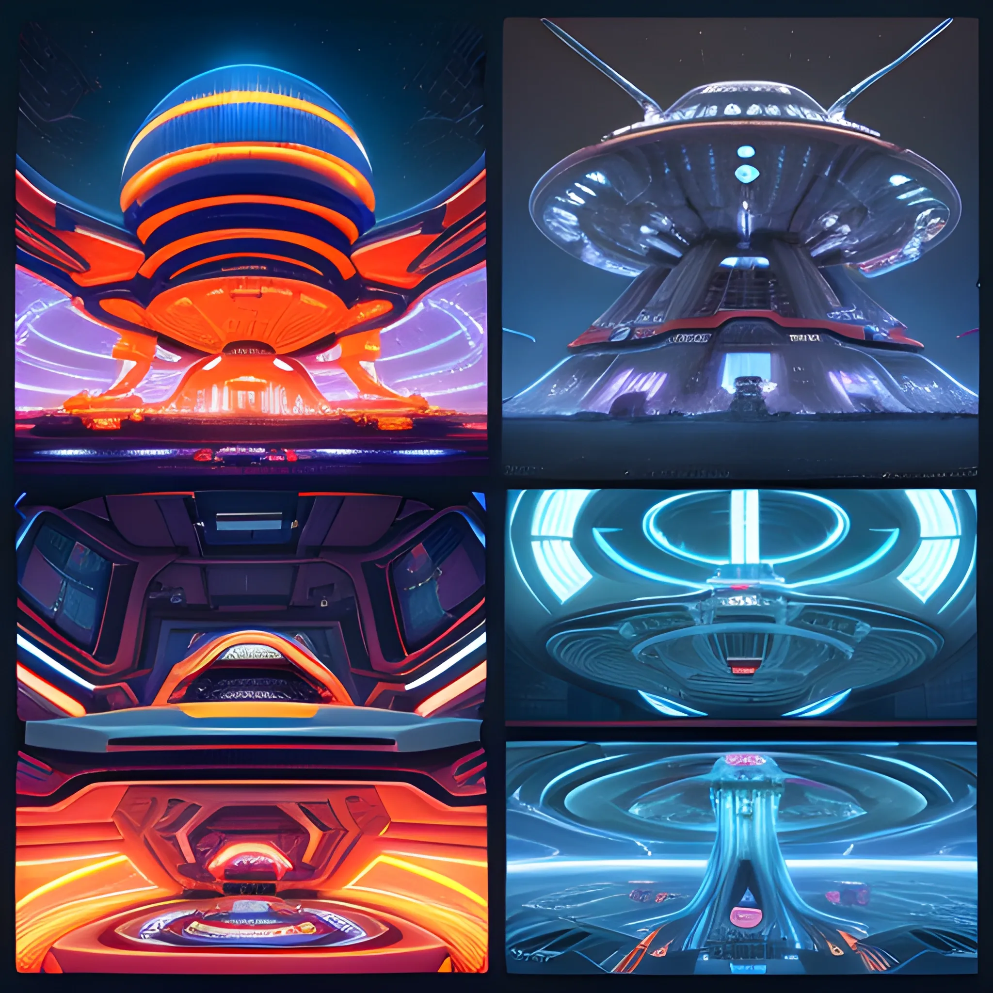 Futuristic space station double as alien colony, multiple variance-in-design spaceships docked or adrift near structure, vibrant blue, orange, red LED lights adorning the intricate architecture, diverse extraterrestrial beings in eclectic attire engaging in varied activities, construction equipment in use, colossal glowing planet dominating the backdrop, drone capturing the essence of interstellar habitation, vast scale, octane rendering, UHD., Trippy, 3D, Trippy, 750k UHD resolution, Use the design styles of Larry Niven, Steven Spielberg, & Stanley Kubrick.