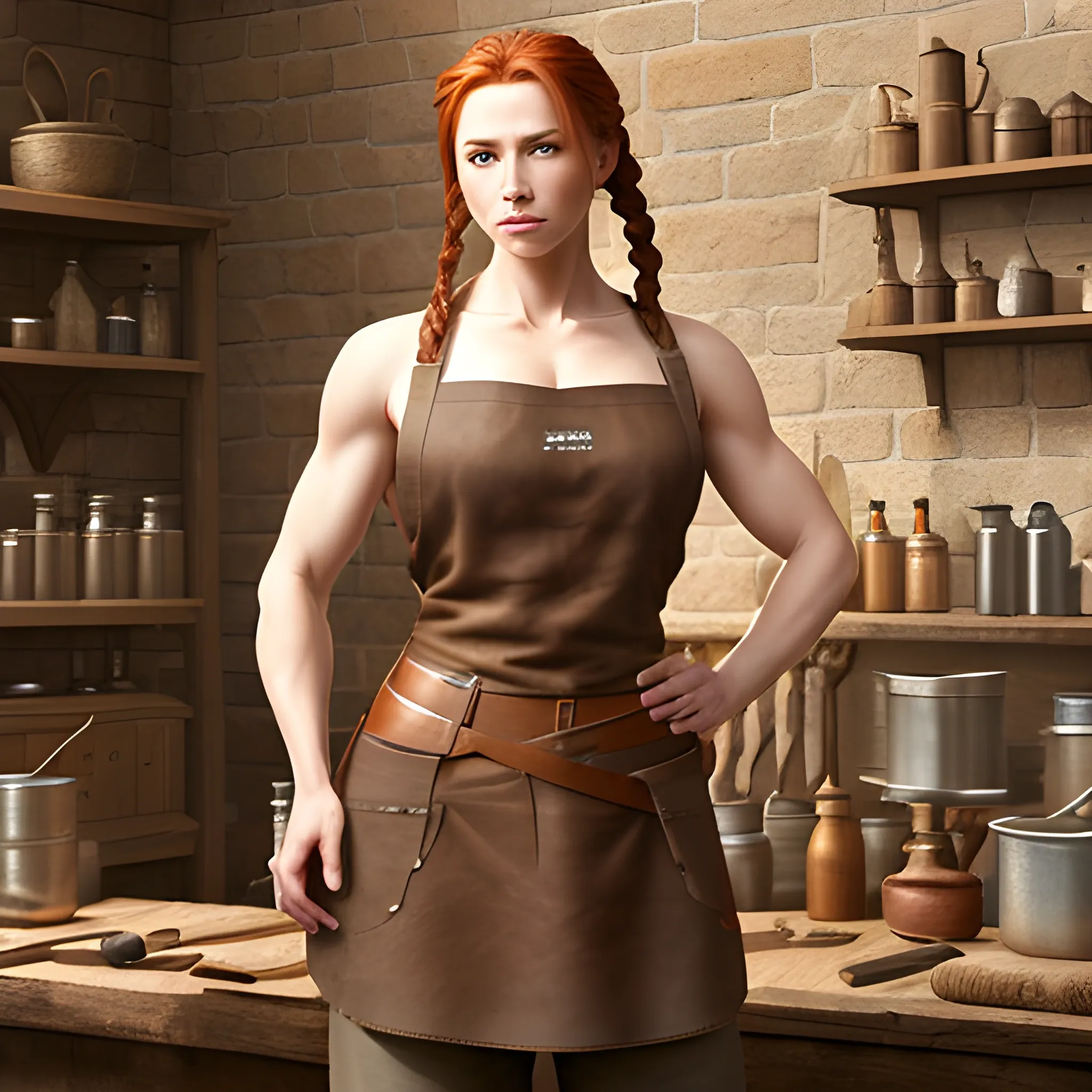 Female, full bodied, muscular, tall, brown leather sleeveless linen top, brown linen leggings, leather apron, red hair pulled back in a single large braid, medieval blacksmith shop background, hyper realistic style
