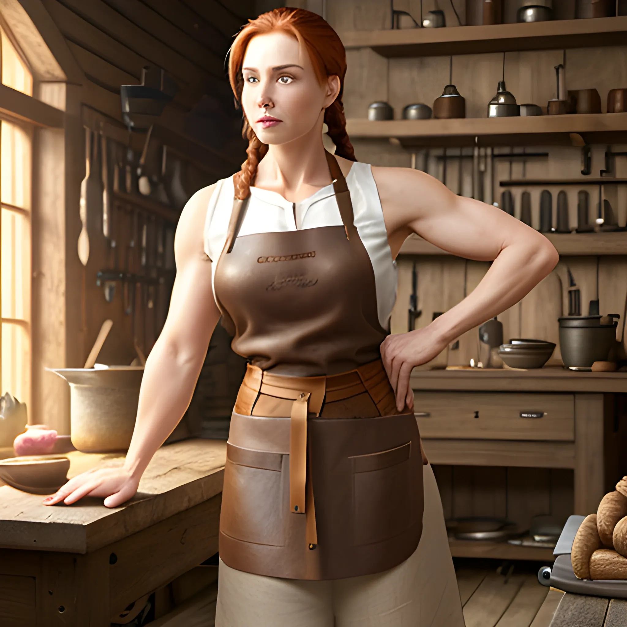 Female, full bodied, muscular, tall, brown leather sleeveless linen top, brown linen leggings, leather apron, red hair pulled back in a single large braid, in a medieval blacksmith shop, photo realistic style
