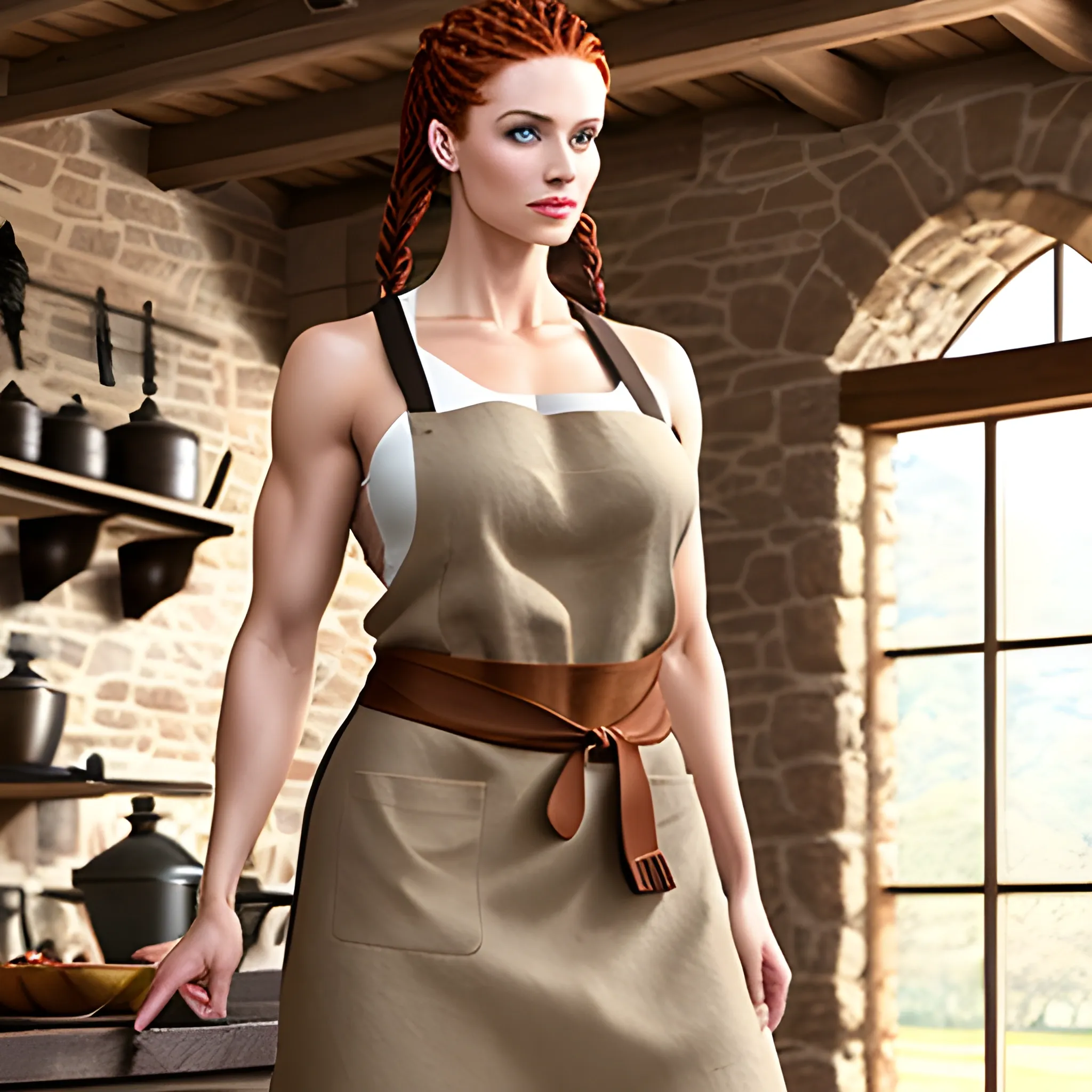 Female, full bodied, muscular, tall, tan sleeveless linen top, brown leggings, leather apron, small brown boots, red hair pulled back in braids, in a medieval blacksmith shop, super detailed photo realistic.
