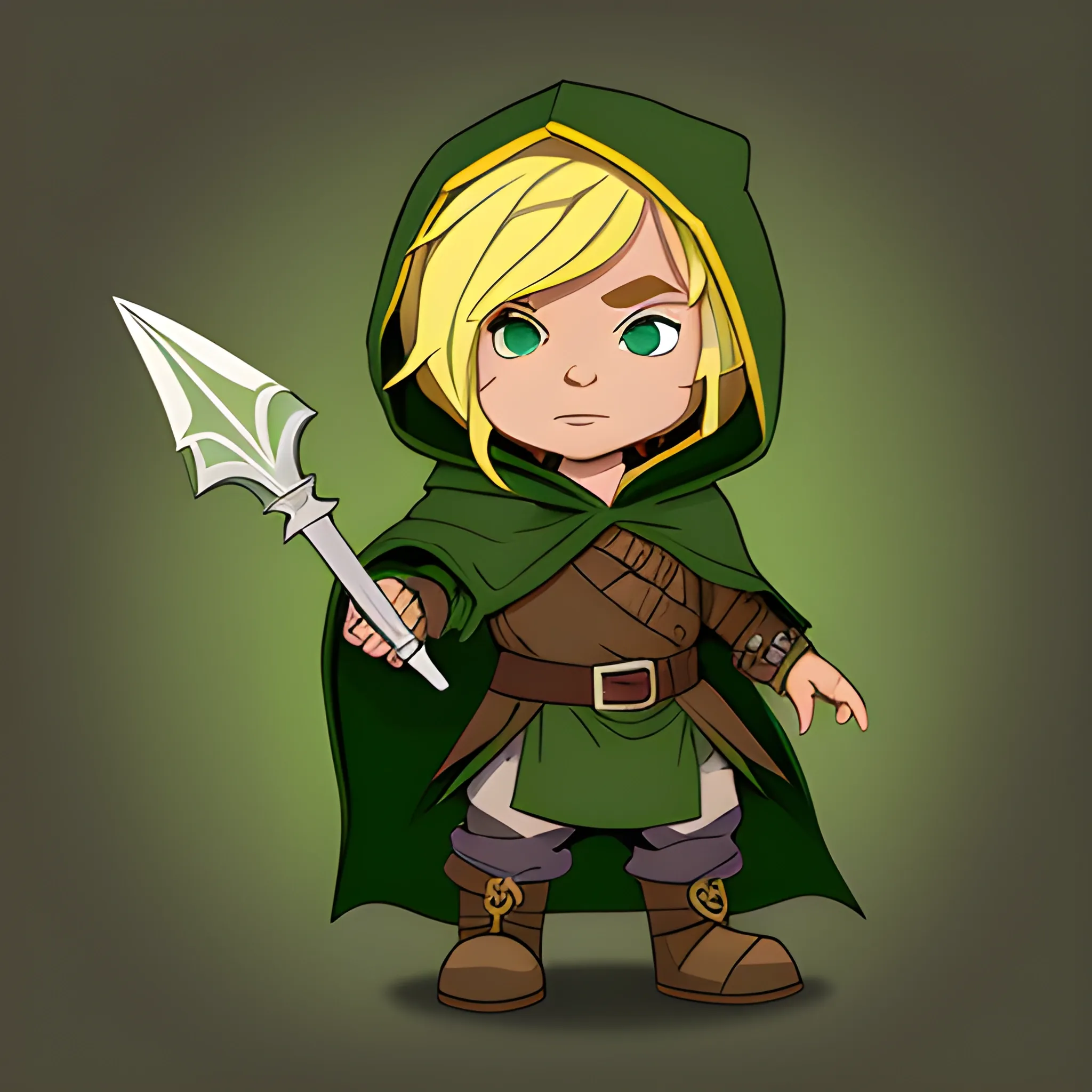 dungeons and dragons, cute, short, halfling, rogue, green eyes, blonde hair, tan skin, hooded cloak, black outfit, green trim, Cartoon, simple dagger