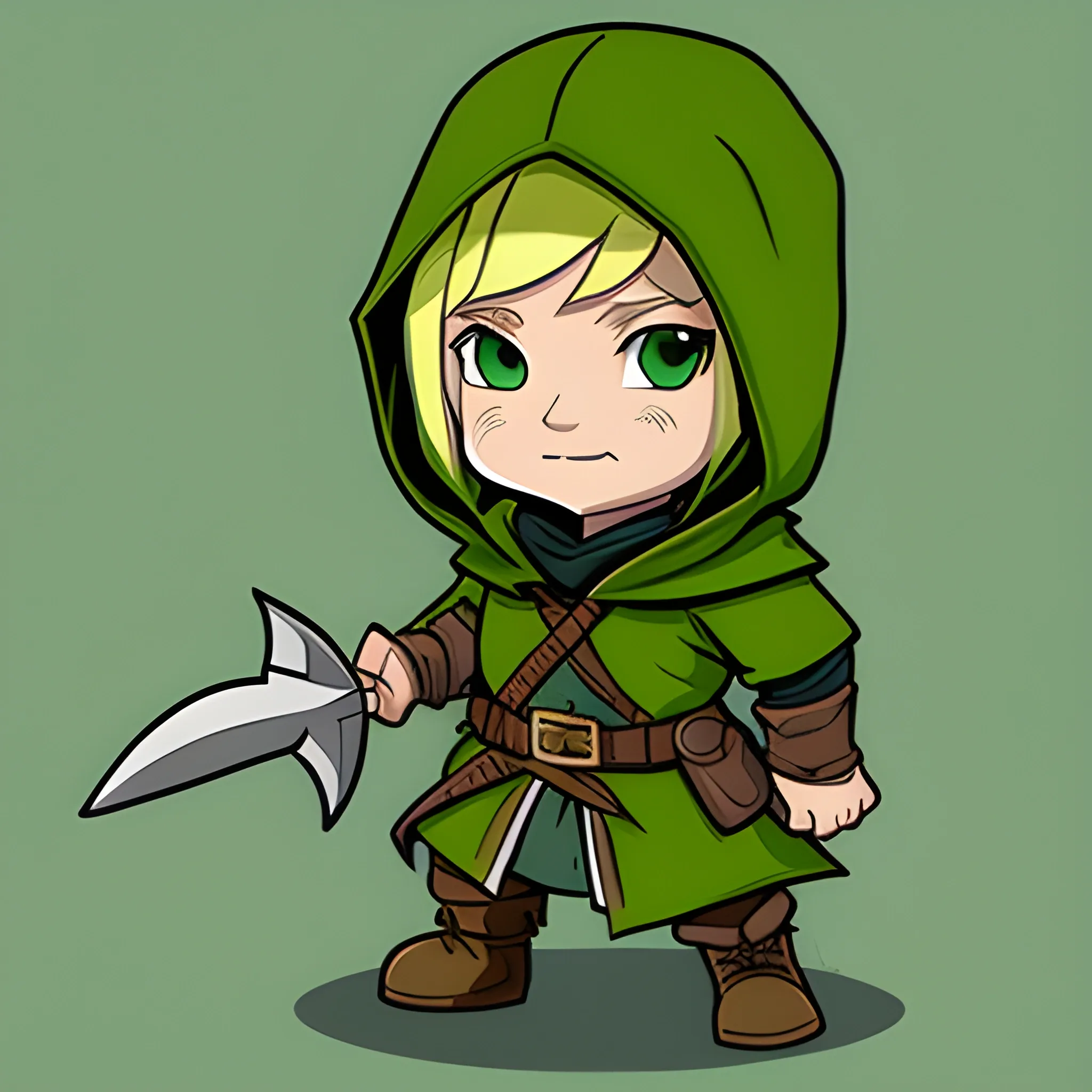 dungeons and dragons, cute, short, halfling, rogue, green eyes, blonde hair, blonde skin, hooded cloak, black outfit, green trim, Cartoon, simple dagger