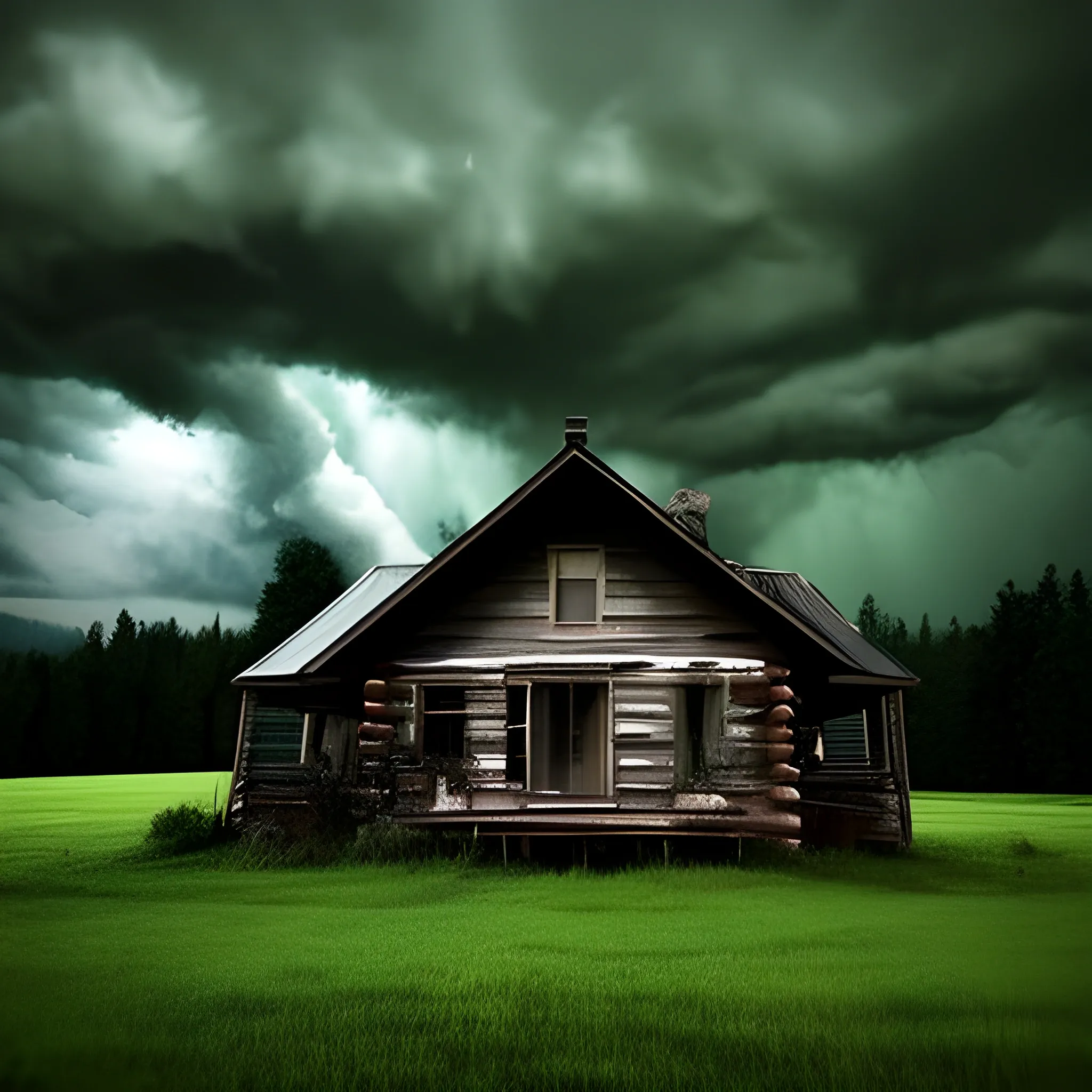 Close-up shot, night, dark weather, dark clouds, after-rain environment, no lights, American rural cabin, small house, small area house, green grass, dilapidated, wild, wilderness, real, 3D,