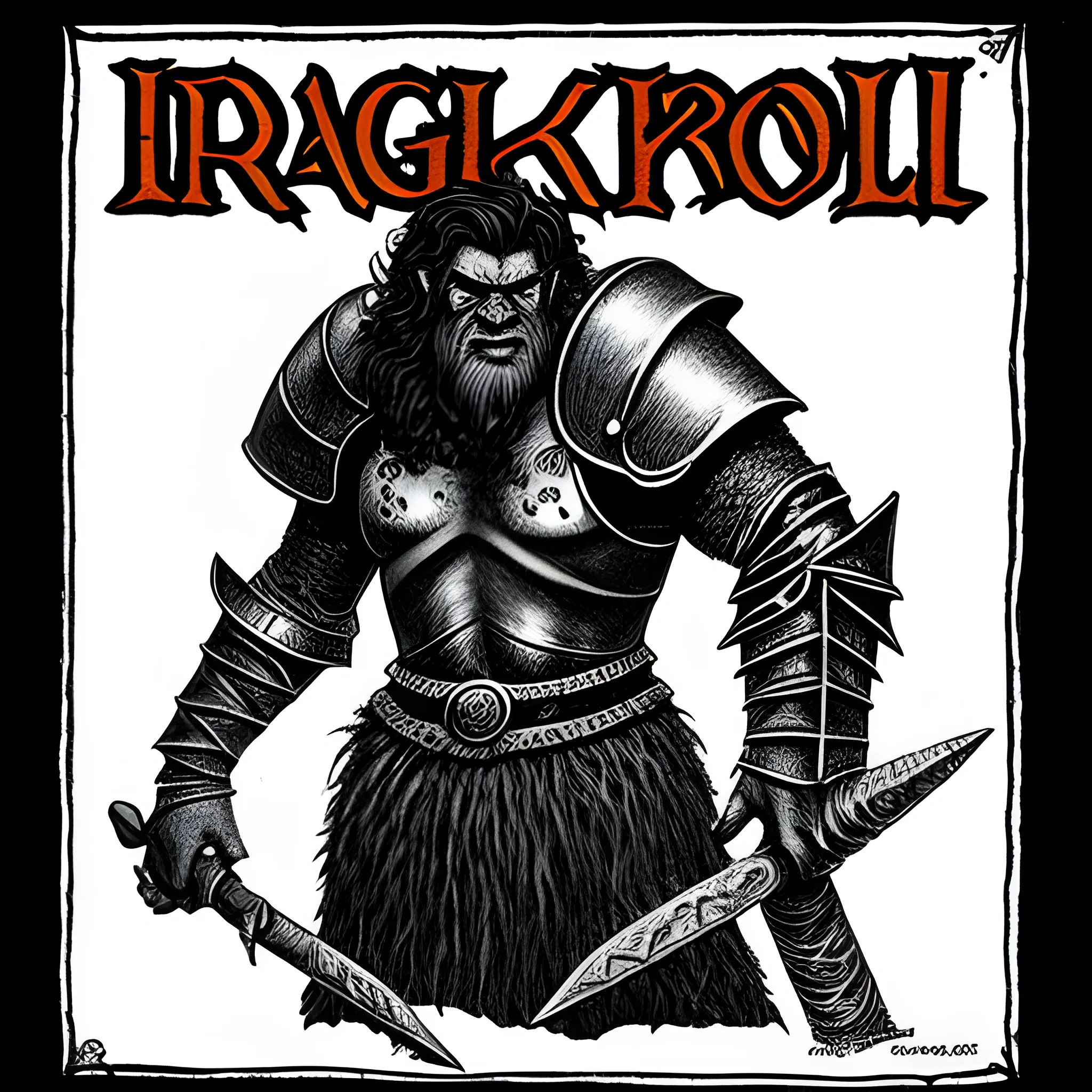 a 1970s dark fantasy book cover art, inspired by the dungeons and dragons theme, featuring a gritty grainy drawing of troll knight, Cartoon