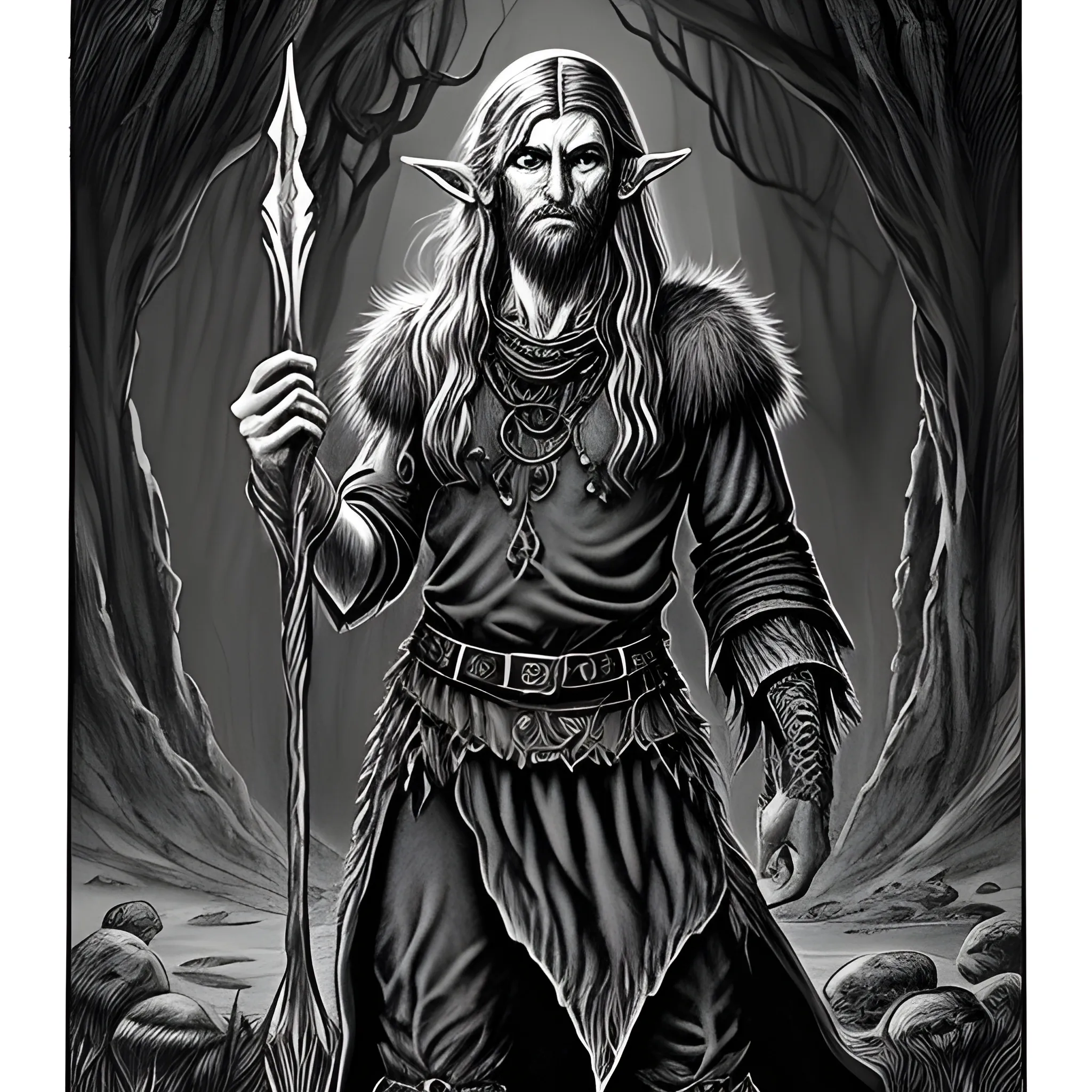 a 1970s dark fantasy book cover art, inspired by the dungeons and dragons theme, featuring a gritty grainy drawing of hermit druid elf