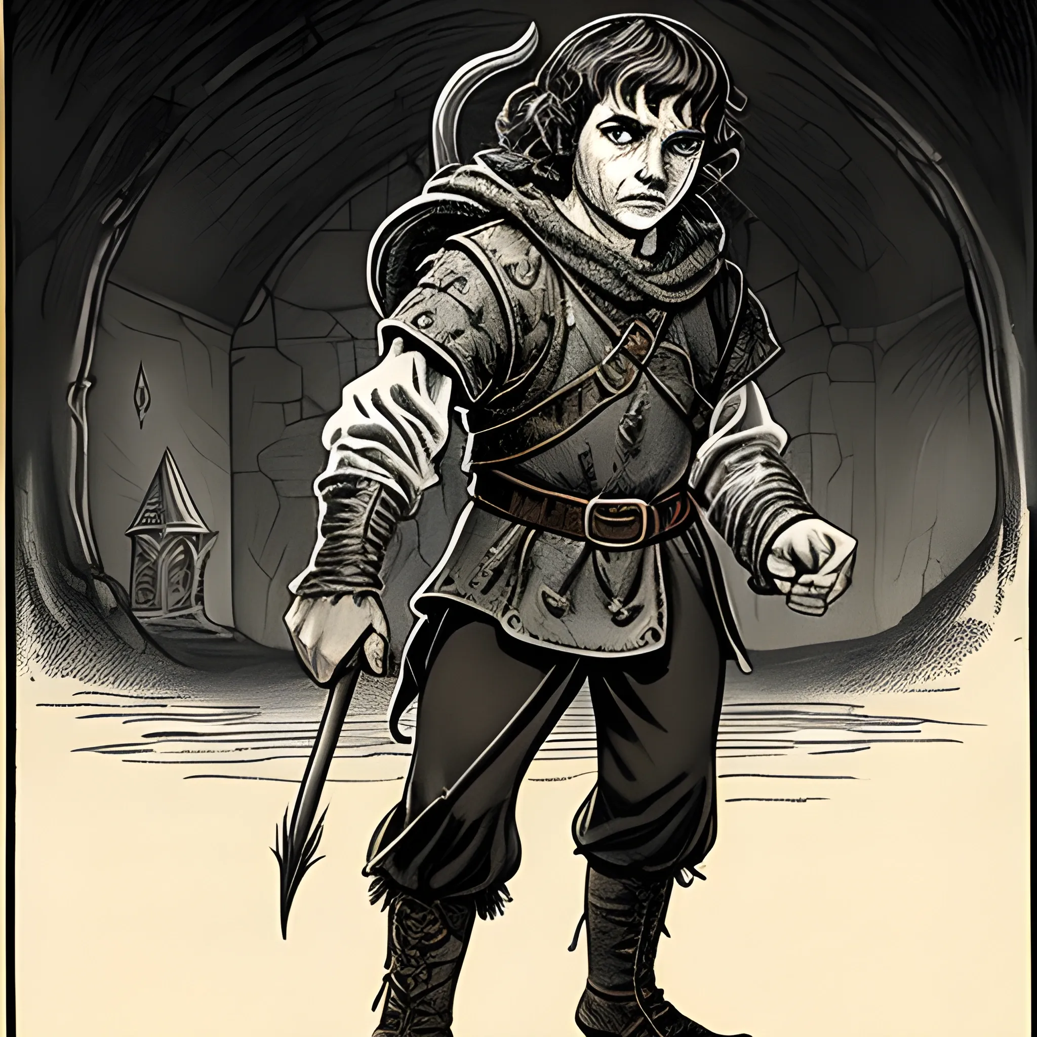 a 1970s dark fantasy book cover art, inspired by the dungeons and dragons theme, featuring a gritty, grainy drawing of halfling rogue