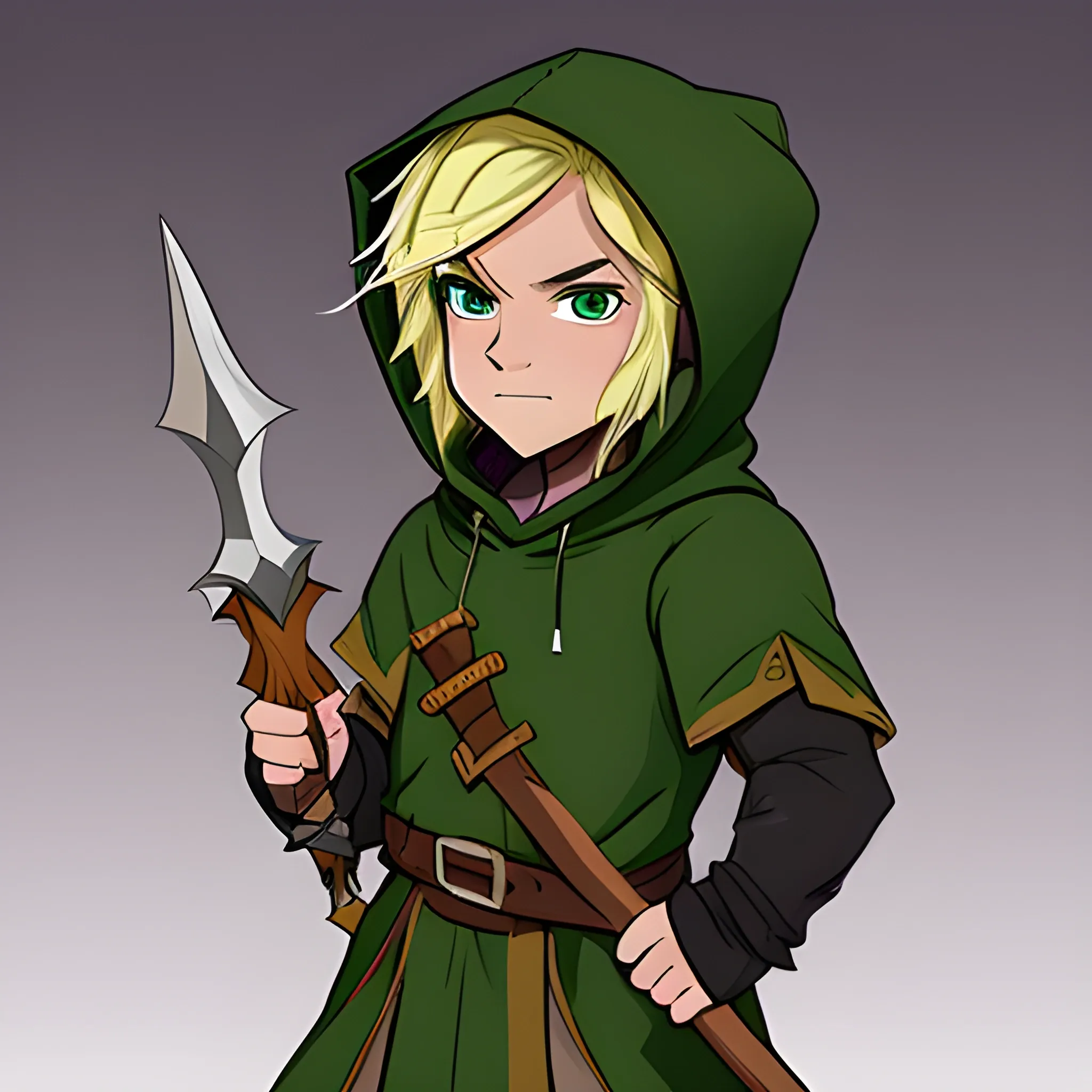 dungeons and dragons, cute, short, halfling, rogue, green eyes, blonde hair, blonde skin, hooded cloak, black outfit, green trim, Cartoon, simple dagger