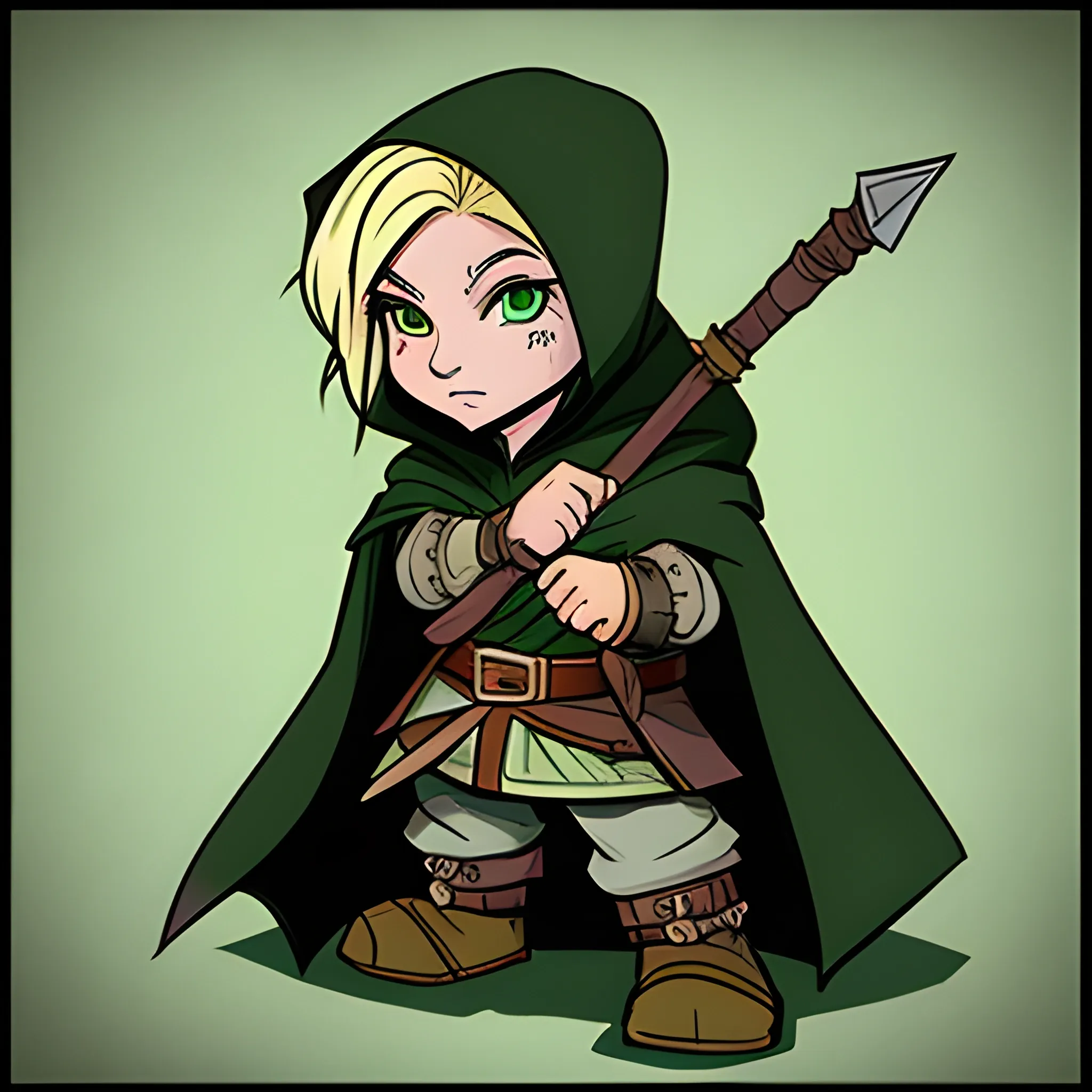 dungeons and dragons, cute, short, halfling, rogue, green eyes, blonde hair, blonde skin, hooded cloak, black outfit, green trim, Cartoon