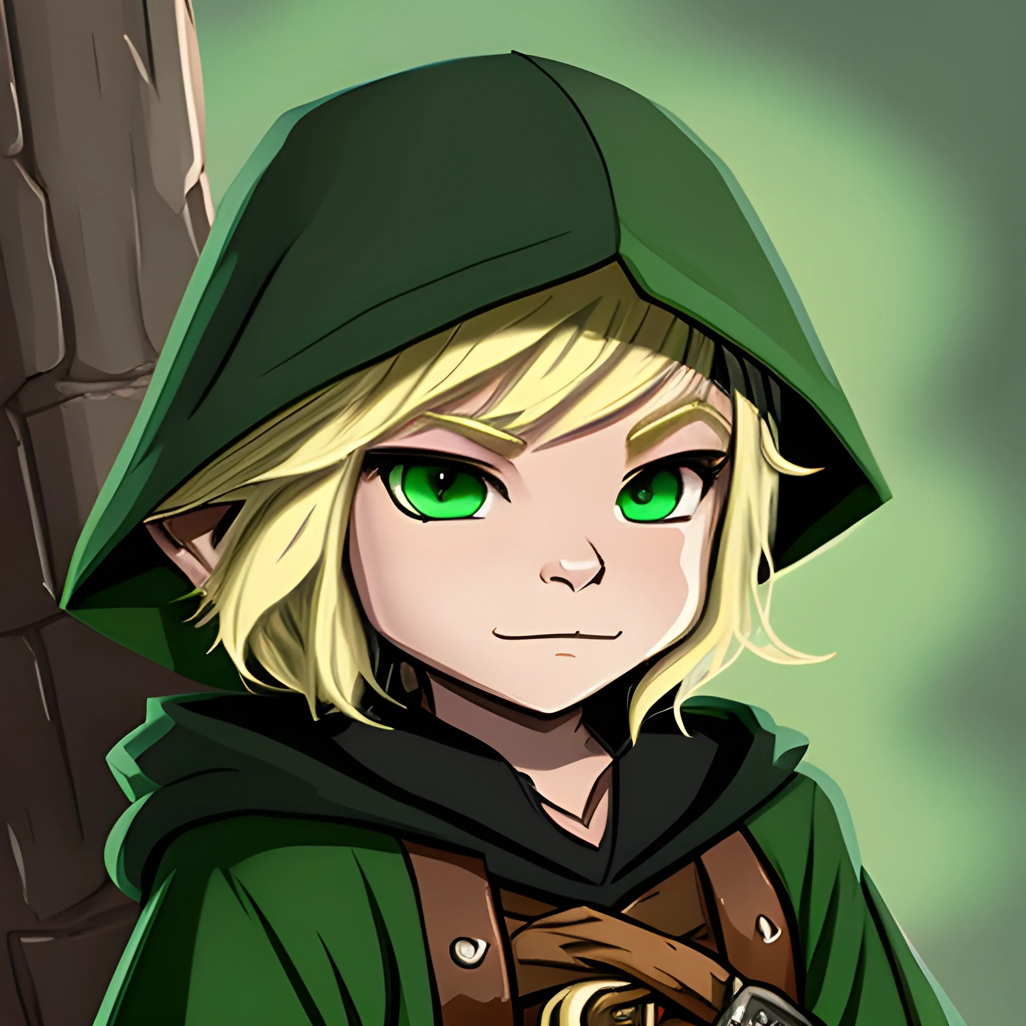 dungeons and dragons, cute, short, halfling, rogue, green eyes, blonde hair, blonde skin, hooded cloak, black outfit, green trim, Cartoon, shortbow