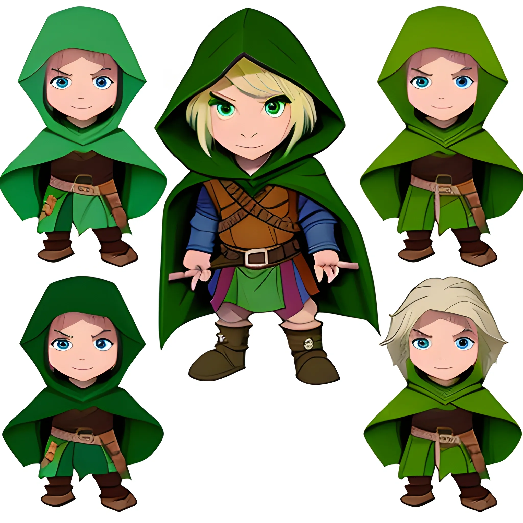 dungeons and dragons, cute, short, halfling, rogue, green eyes, blonde hair, blonde skin, hooded cloak, black outfit, green trim, Cartoon, shortbow