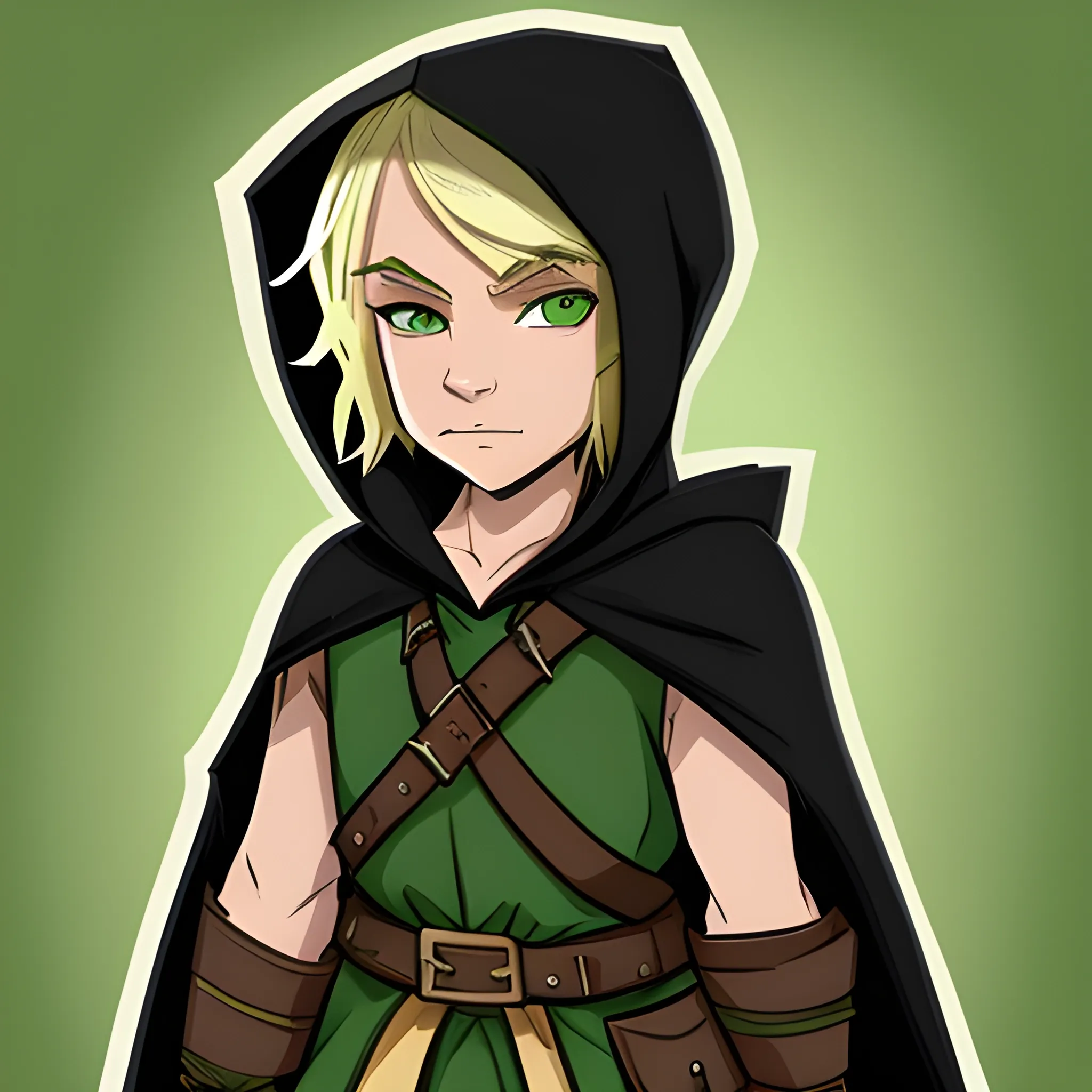 dungeons and dragons, cute, short, halfling, rogue, green eyes, blonde hair, blonde skin, hooded cloak, black outfit, green trim, Cartoon, shortbow