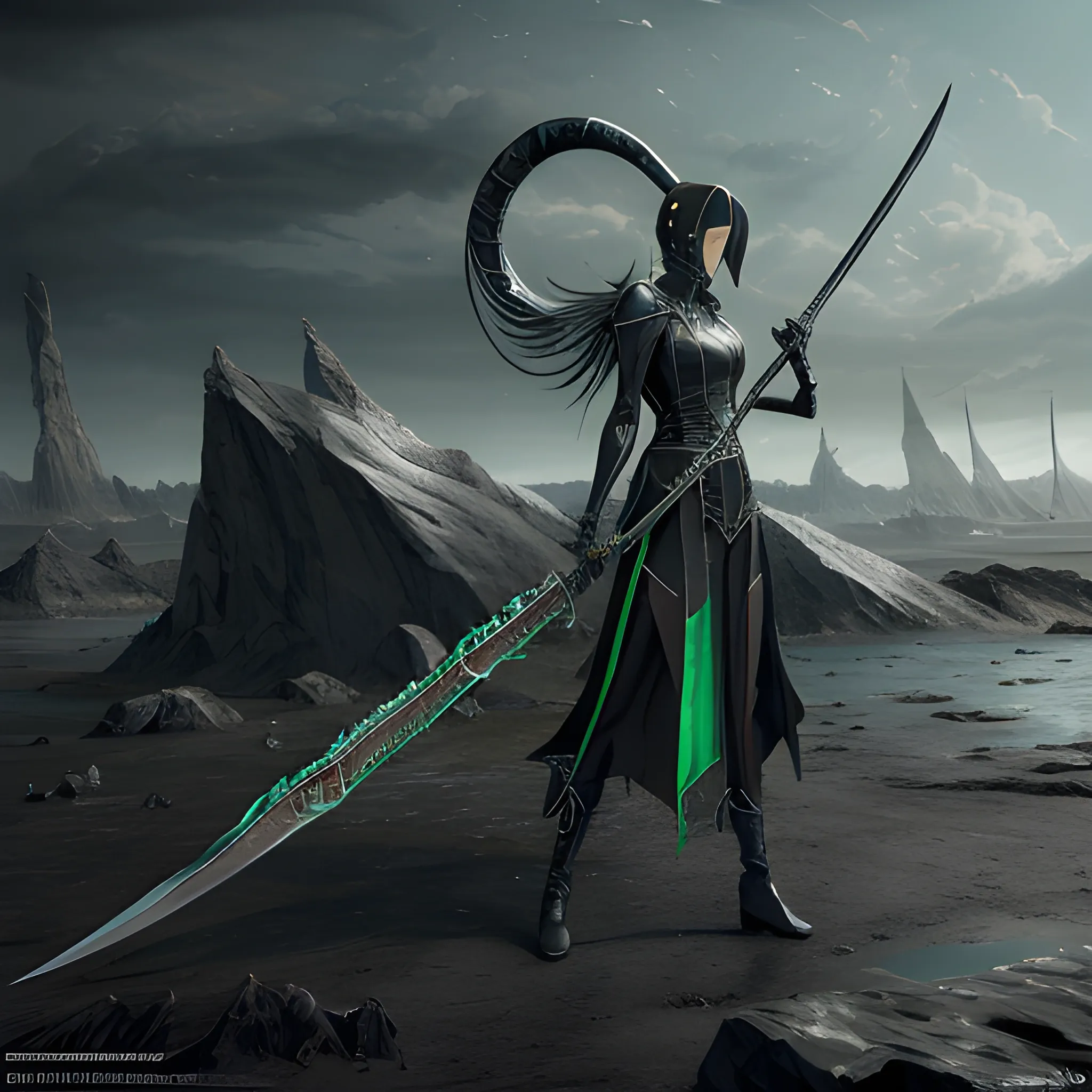 stainless black steel, realistic scythe, dark emerald energy, full weapon view, weapon only, 8k, high resolution, high quality, photorealistic, hyperrealistic, detailed, detailed matte painting, deep color, fantastical, intricate detail, splash screen, complementary colors, fantasy concept art, 8k resolution trending on Artstation Unreal Engine 5