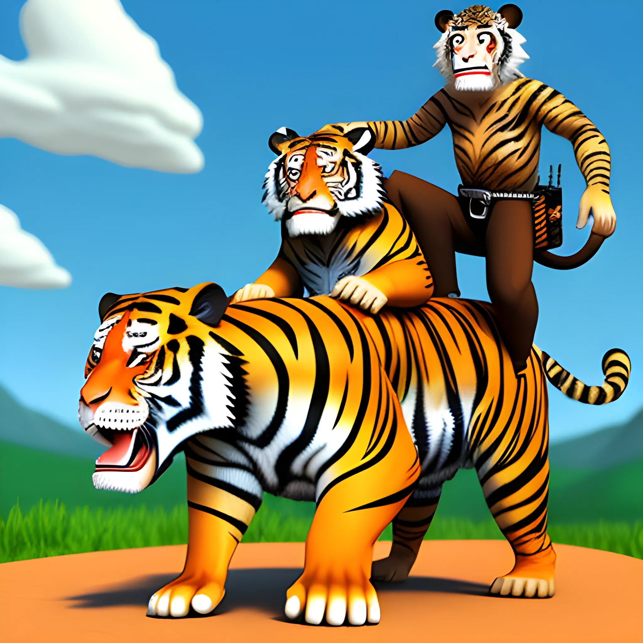 Monkey riding a tiger eating sushi but they are in the Wild West , Cartoon, 3D