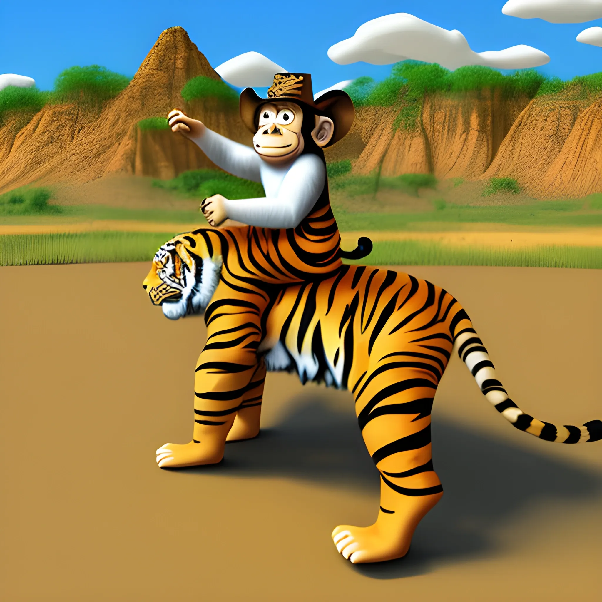 Monkey riding a tiger eating sushi but they are in the Wild West , Cartoon, 3D