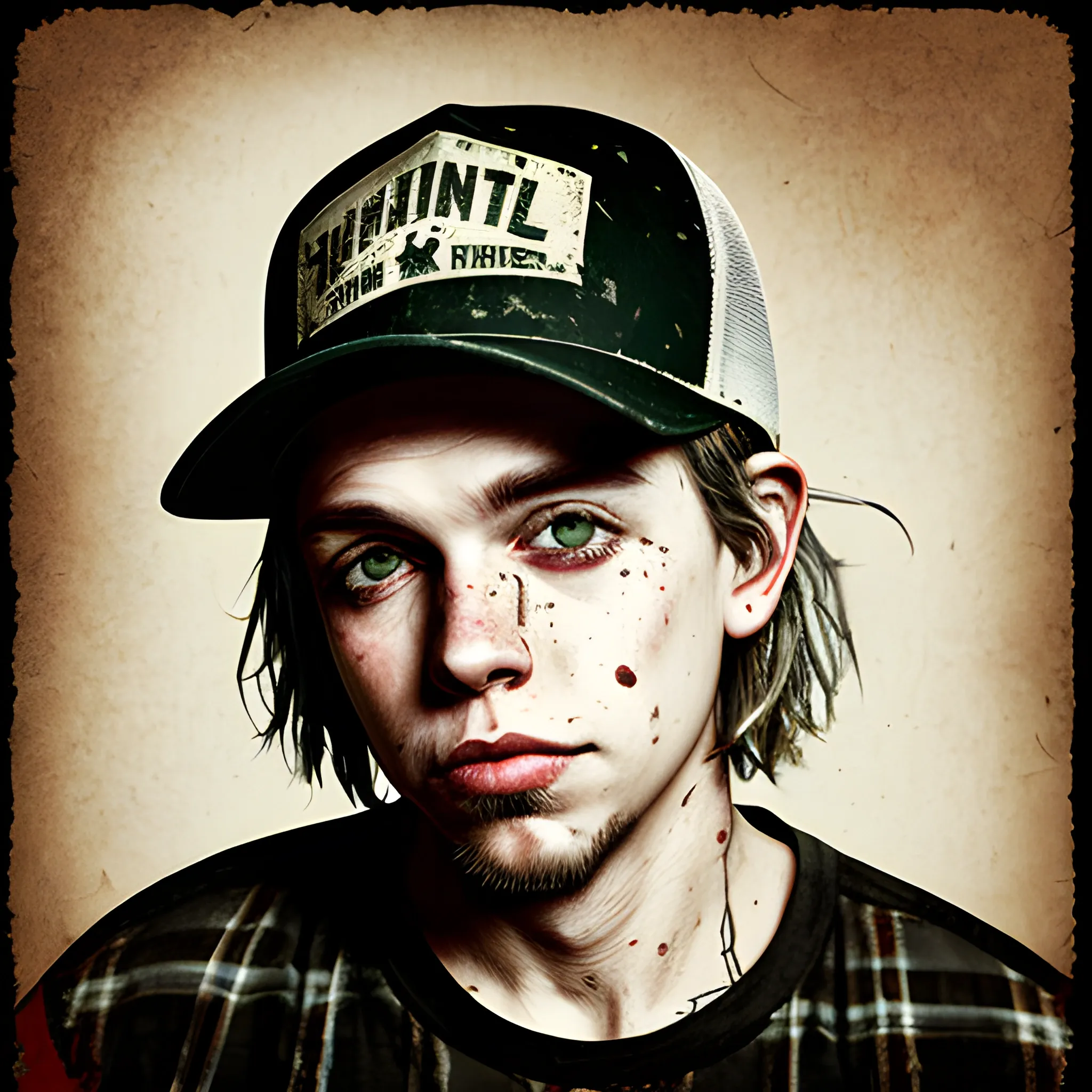 squints  wearing backward hat grunge portrait