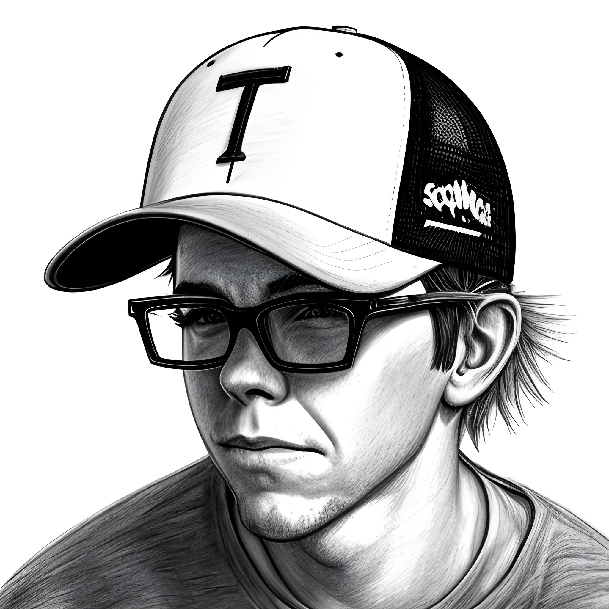 squints  wearing backward hat 
, Pencil Sketch