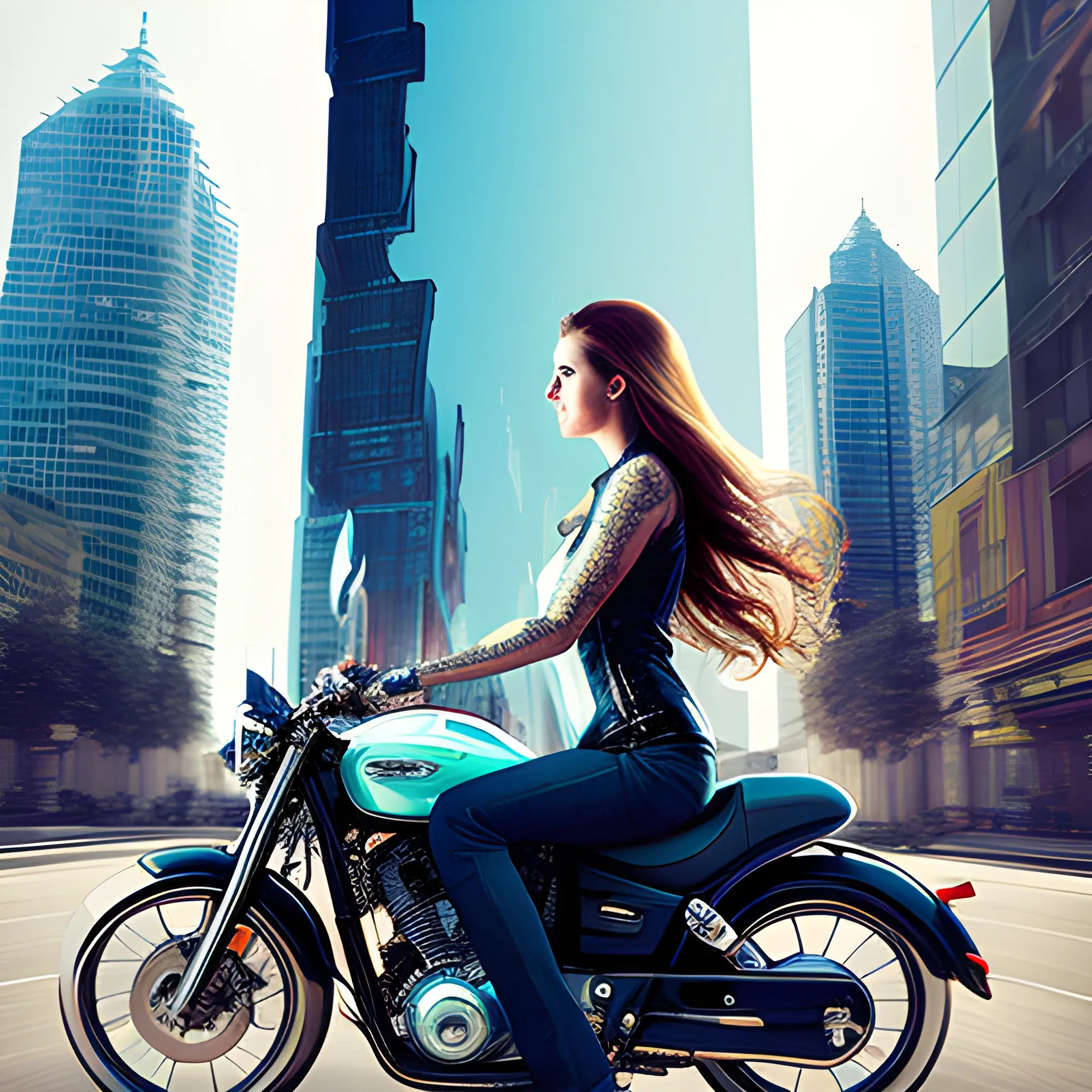 Beautiful woman, double exposure, riding a motorcycle, city street skyscraper, highly detailed, Trippy