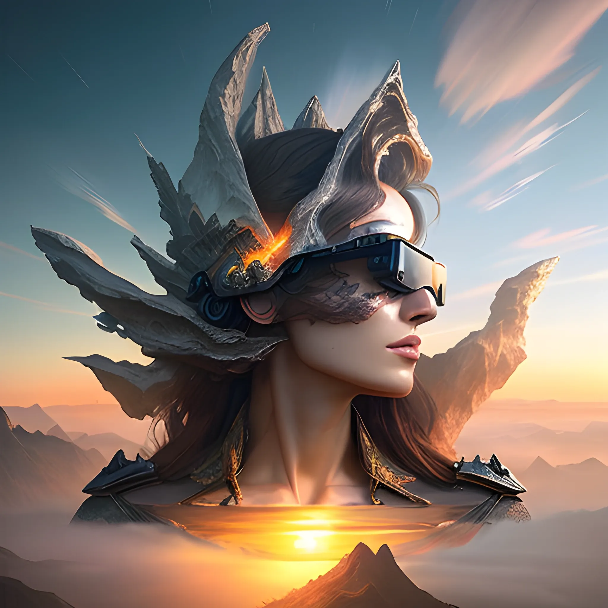 Double Exposure Human-Nature, Clouds, Waterfall, mountain, sunset, nature mind, expressive creative art, surrealistic concept art, ethereal landscape in a cloud of magic coming out the top of a Girl Body, Girl adorned in virtual reality glasses, incredible details, trending on art-station, sharp focus, studio photo, intricate details, highly detailed, by Greg Rutkowski