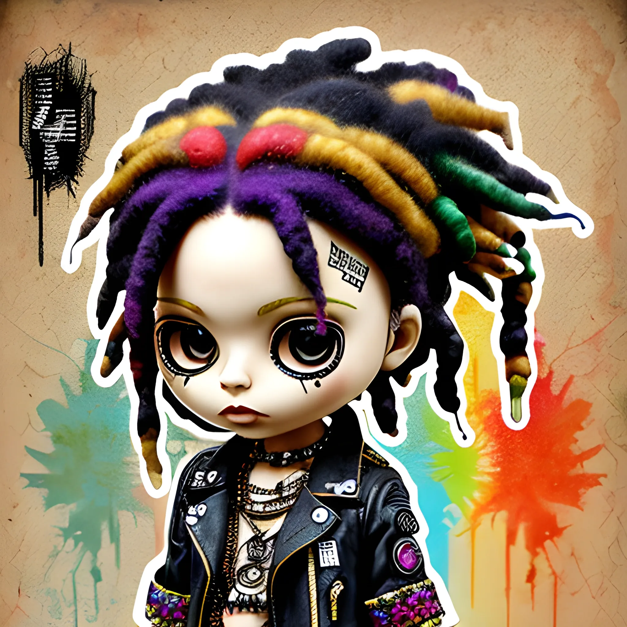 fashionable chibi blythe rasta look punk, wet effect, texture, collage, ceramic,ink color style, cartoon, intricate details, sharp focus, 3D, double exposure, high resolution, Trippy