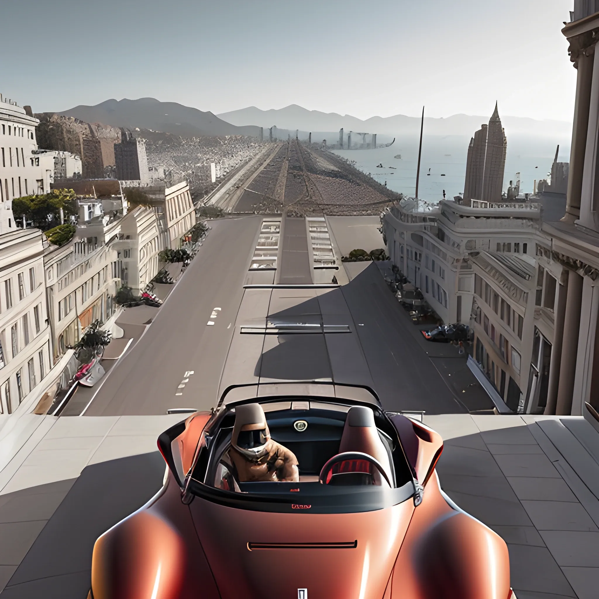 Betsy Braddock, Drone view, her hair fashioned in a shingle cut, evoking the Gatsby era, dressed in entrancing 20s attire, set against the stunning backdrop of Ferrari SF90 Spider, city street, panorama view, Trippy