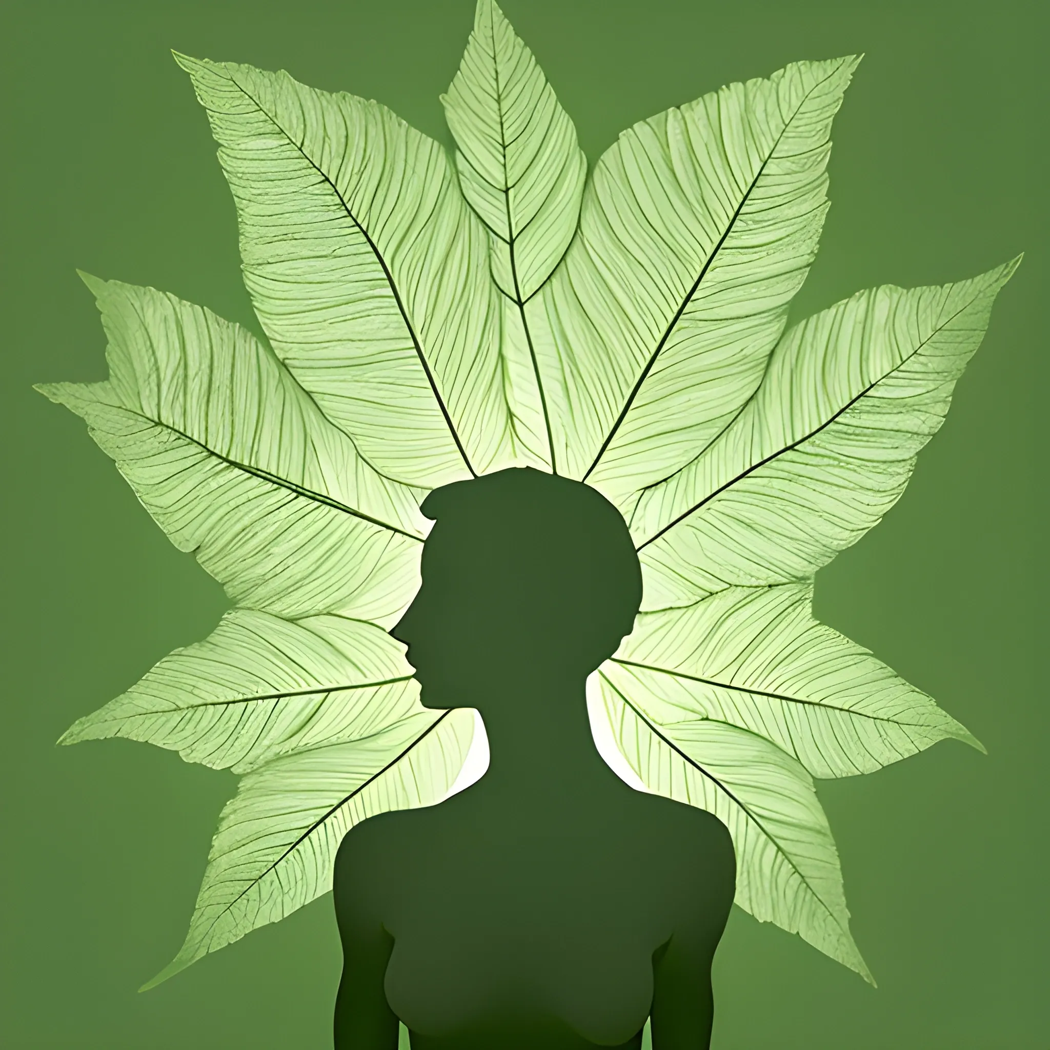 A creative depiction of a leaf held up against a light source, with a translucent, silhouette-like image of a woman perfectly aligned with the leaf's structure. The background should feature a lush green forest, with soft sunlight filtering through the trees, creating a mystical, serene atmosphere. The focus should be on the leaf and the silhouette, emphasizing the connection between nature and the human form, with the leaf's veins intricately detailed to match the contours of the silhouette