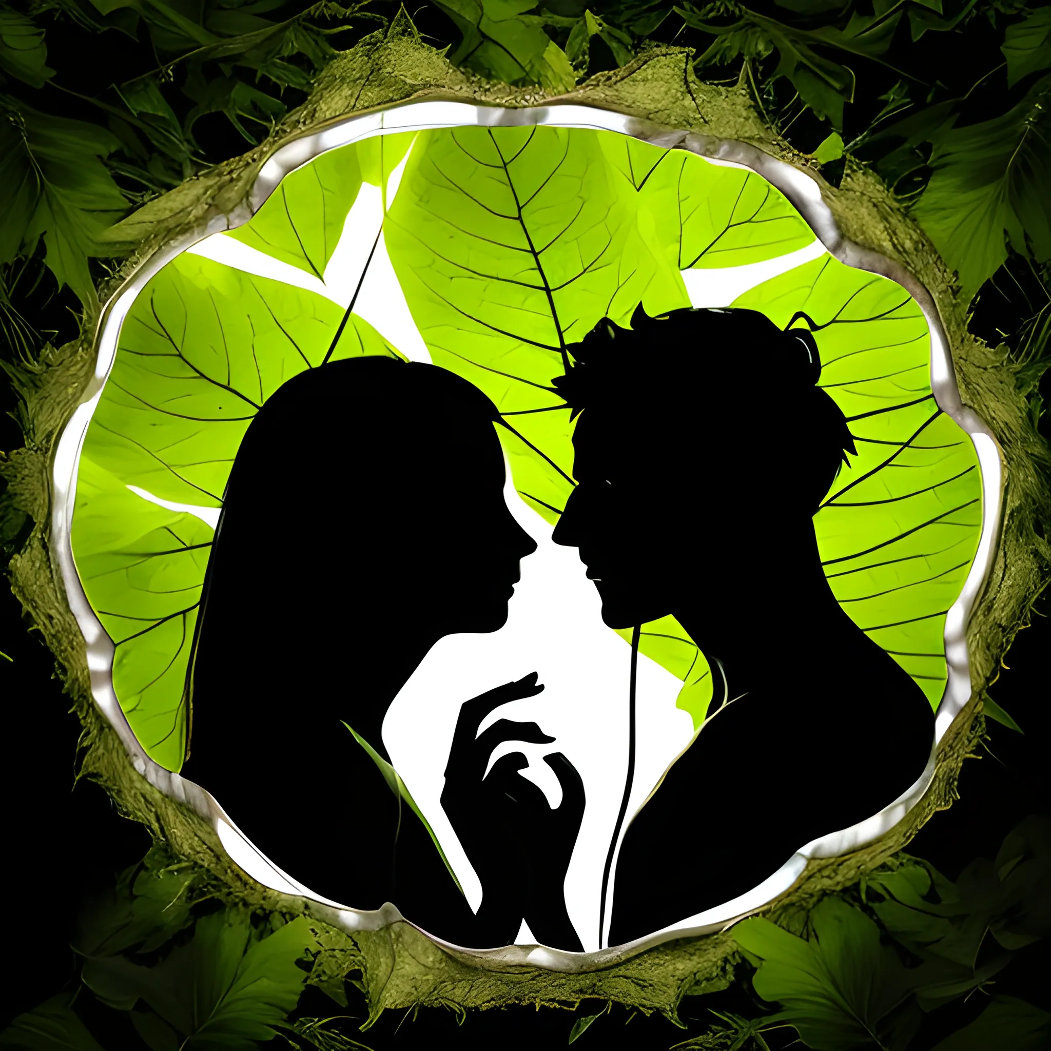 A creative depiction of a leaf held up against a light source, with a translucent, silhouette-like image of a couple perfectly aligned with the leaf's structure. The background should feature a lush green forest, with soft sunlight filtering through the trees, creating a mystical, serene atmosphere. The focus should be on the leaf and the silhouette, emphasizing the connection between nature and the human form, with the leaf's veins intricately detailed to match the contours of the silhouette