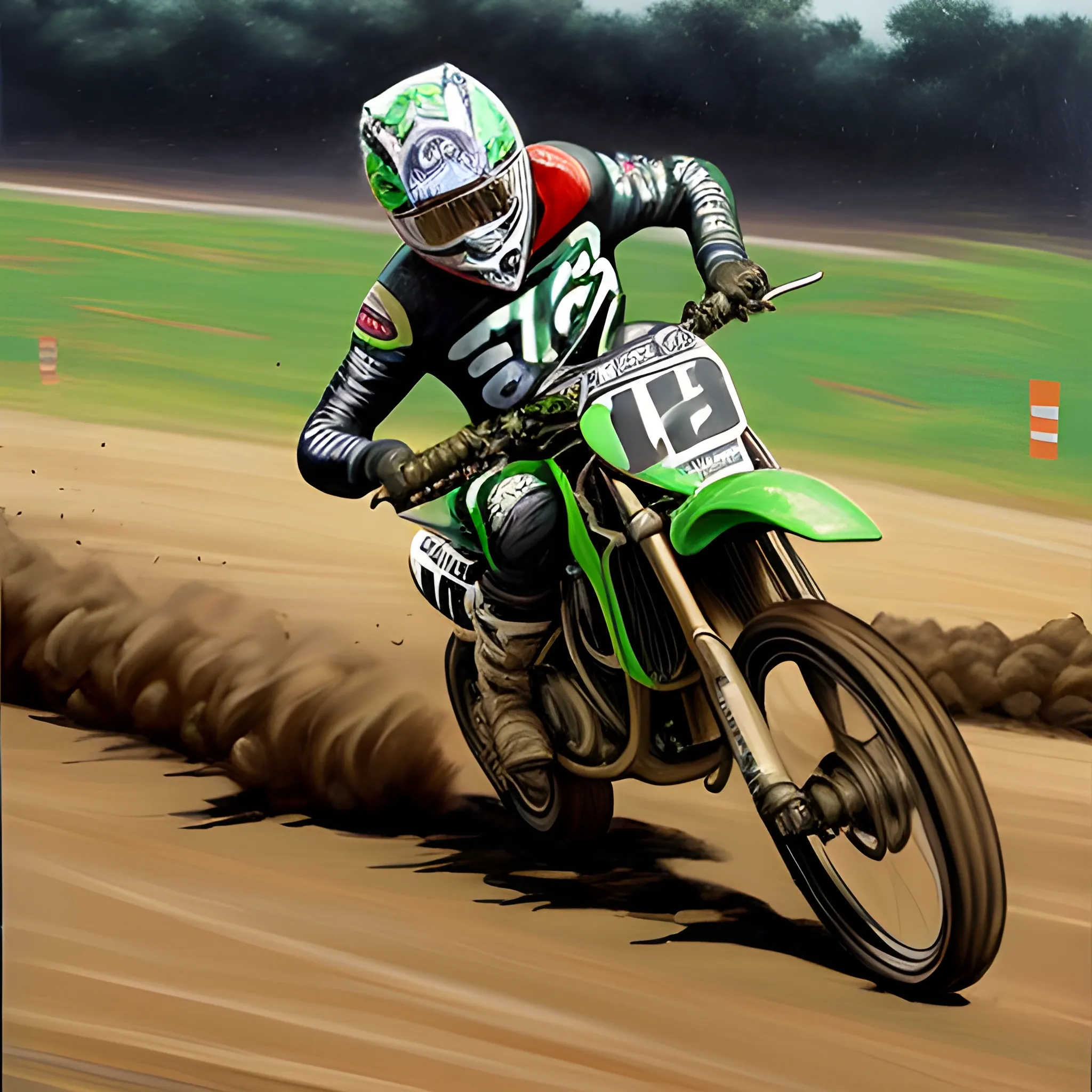 Oil-painting of kawasaki motercycle dirt bike, racing on a dirt race track kicking up dirt, taking the checkerd flag