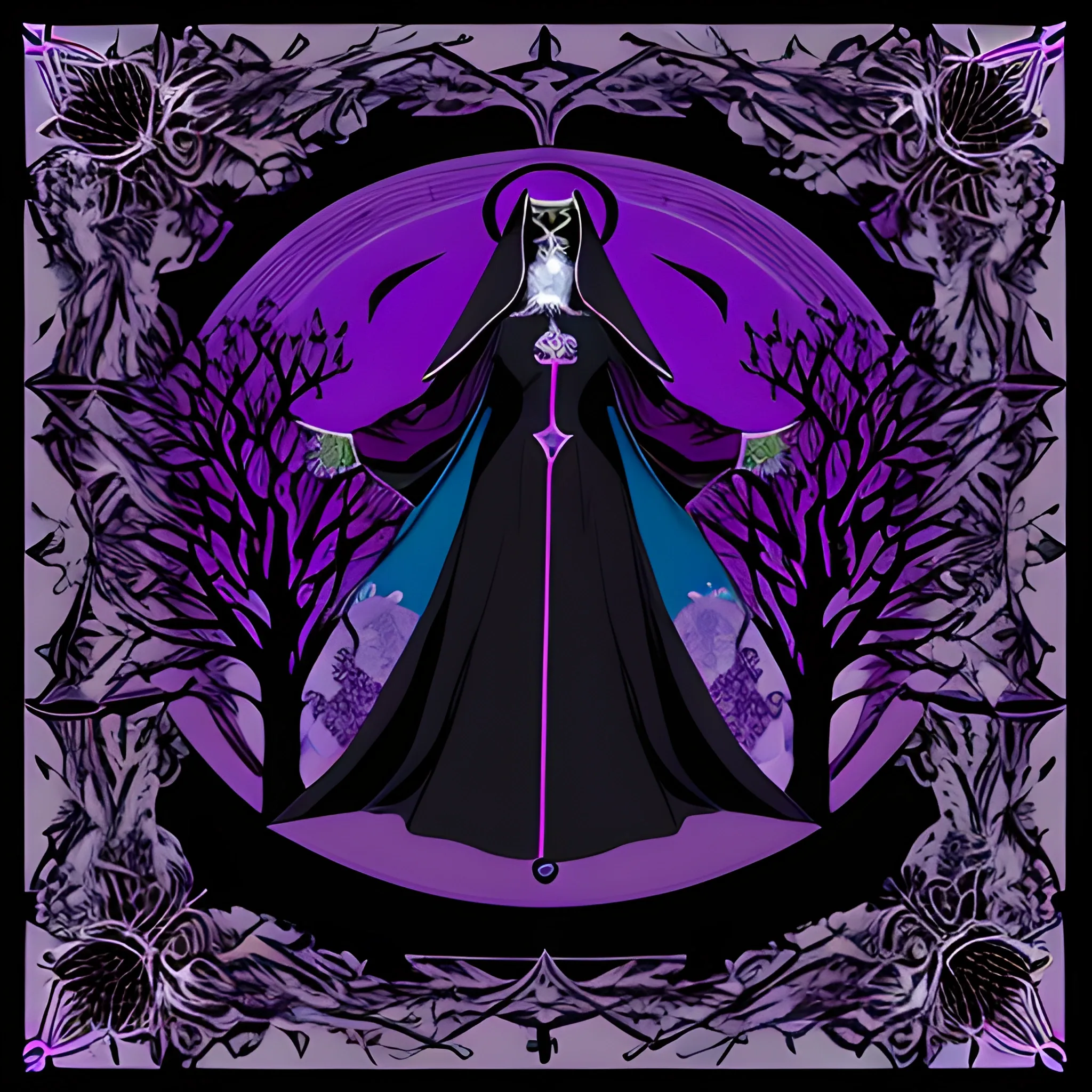 lady death as a nun, intricate cotton apparel, hypercolor gradient gel, shadowy silhouette, dramatic, include an owl perched on a nearby branch --ar 1:1 --s 420 --p kd84prm --v 6.0