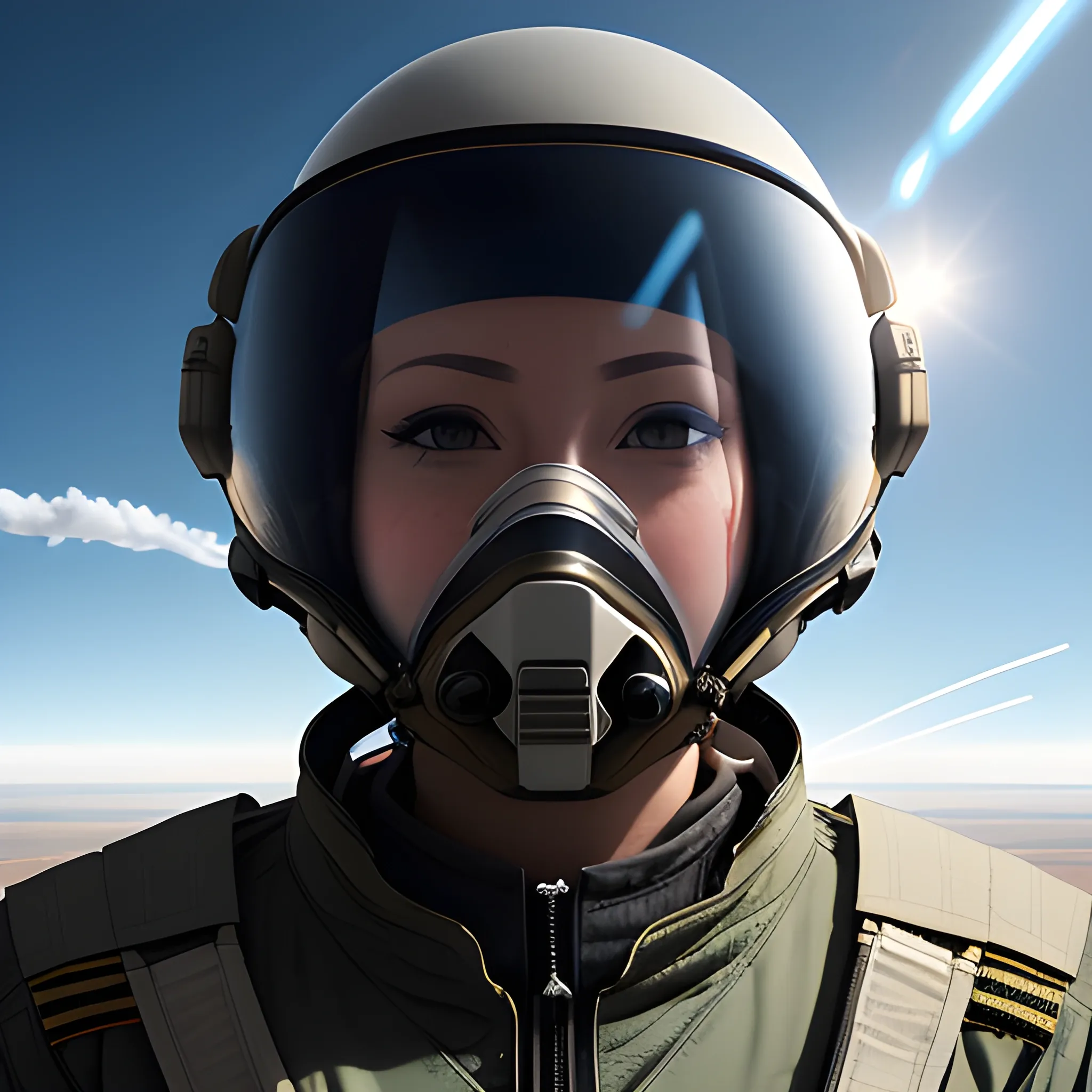 Portrait of a female fighter pilot wearing a helmet and oxygen mask, reflective visor shows the silhouette of a fighter jet in the sky, mid-motion she holds the control lever, strained eyes visible through the reflection of the visor, a fighter jet flies nearby against a background of soaring cumulus clouds, military emblems on her costume, complex cockpit panels softly lit, the sun casts dynamic shadows on her costume, digital painting, ultra-fine, cinematic.