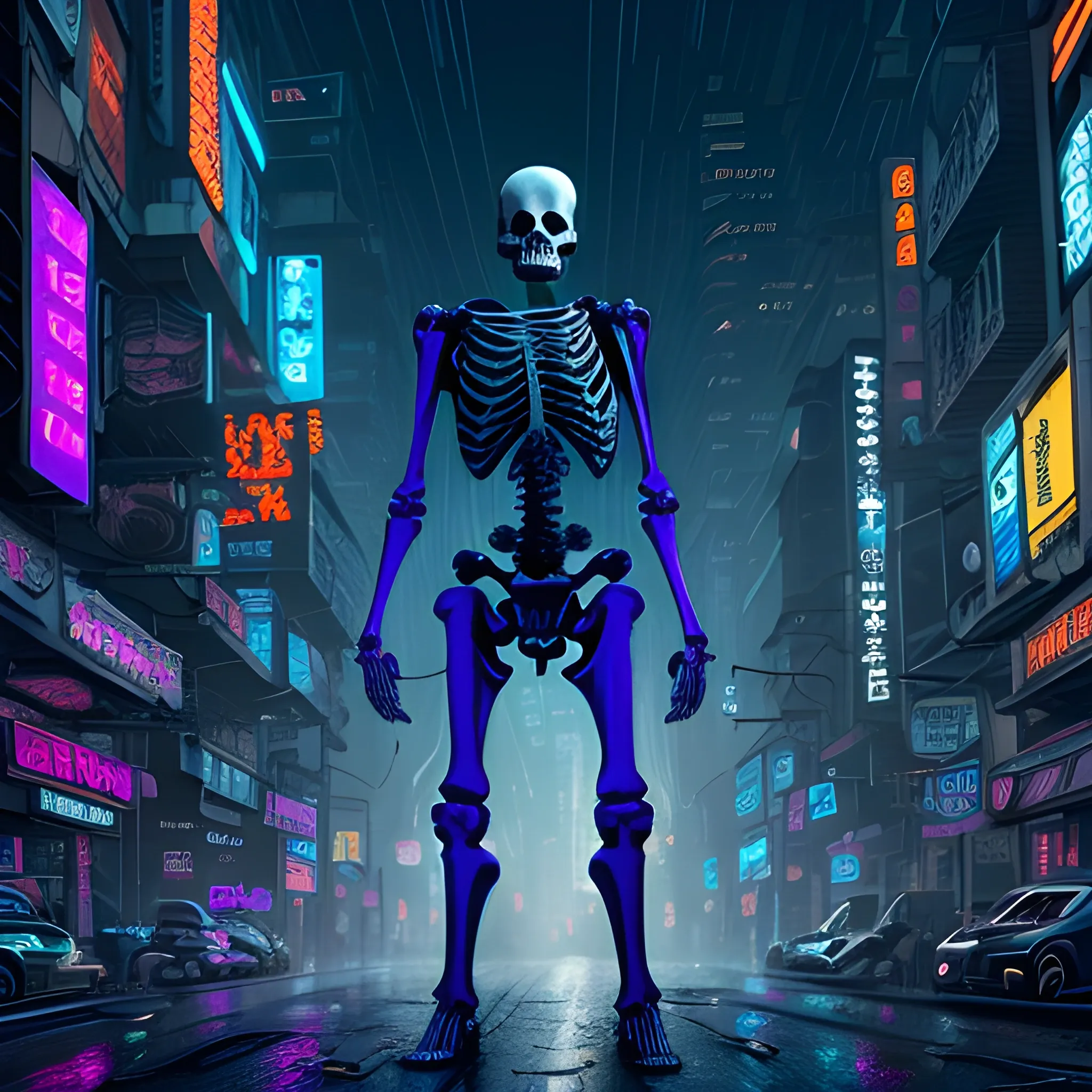 A photorealistic illustration of a human skeleton, intricately detailed with all bones visible, standing tall and holding a sleek, futuristic pistol in its bony hand. The scene is set in a bustling cyberpunk city at night, with neon lights illuminating the rain-soaked streets and towering skyscrapers in the background. The atmosphere is gritty and industrial, with a dark, moody color palette of deep blues, purples, and blacks. The skeleton's face is expressionless, yet its eyes seem to glow with an otherworldly light. The image is highly detailed, with every raindrop and neon light reflected in the glossy surface of the pistol and the wet bones of the skeleton. The style is reminiscent of the hyperdetailed, photorealistic graphics found in popular cyberpunk video games and movies