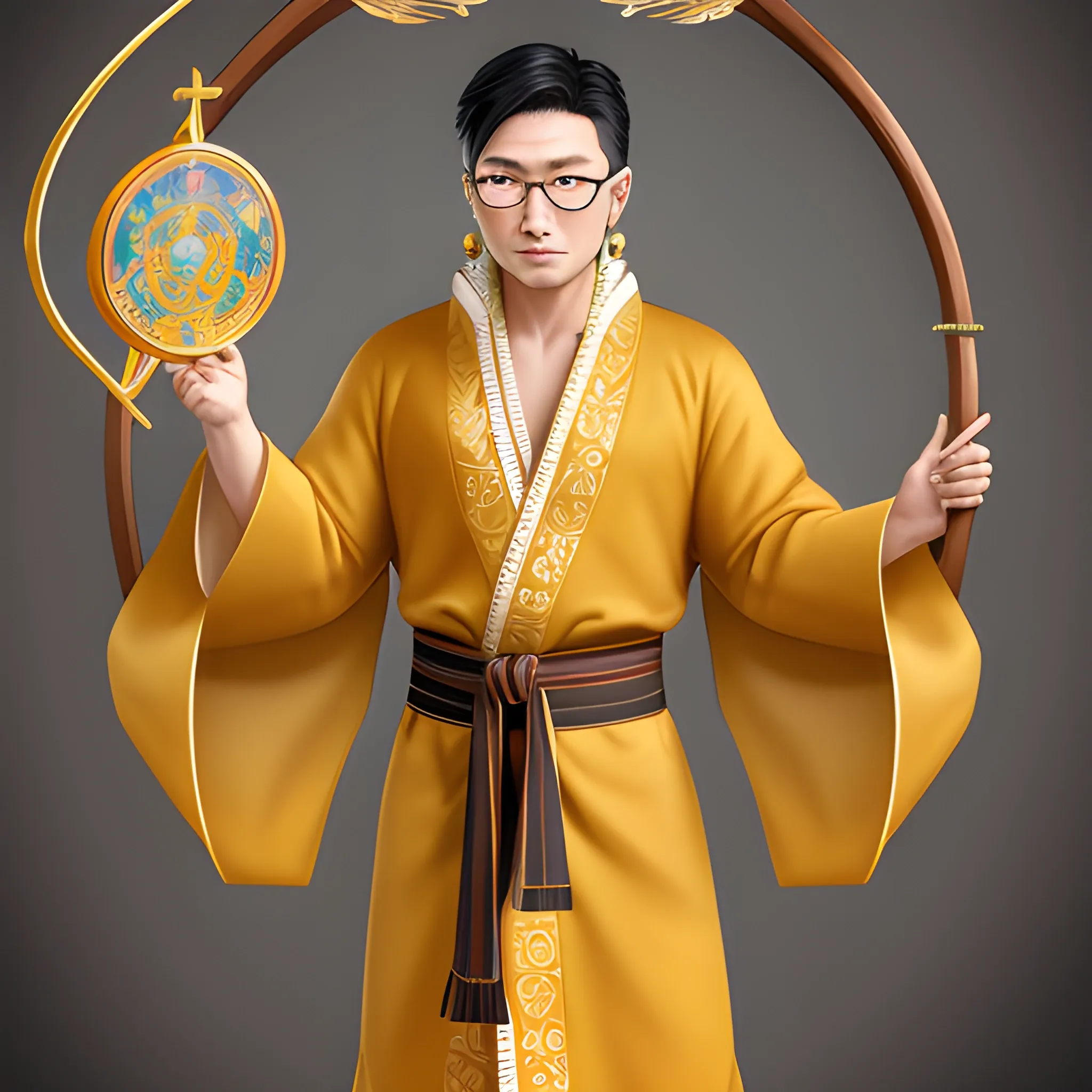 • Citrine (Logic)

• - **Appearance**: Hunter and trader, dressed in traditional Kazakh clothing. He wears a shapan (traditional Kazakh robe) and his accessories include magic items: a book, a bow, a slingshot and a magnifying glass. Citrine also wears glasses, which gives him an analytical mind.