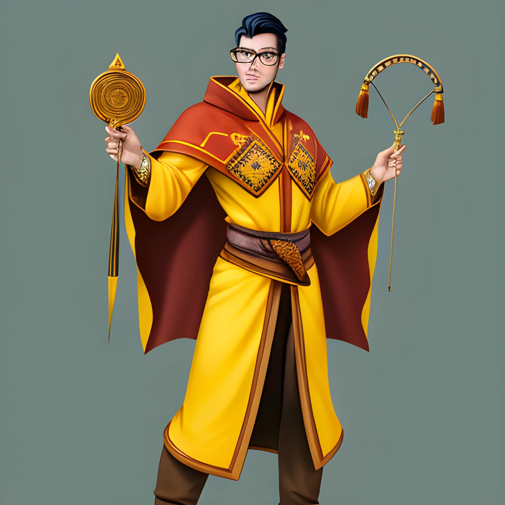 • Citrine (Logic)

• - **Appearance**: Hunter and trader, dressed in traditional Kazakh clothing. He wears a shapan (traditional Kazakh robe) and his accessories include magic items: a book, a bow, a slingshot and a magnifying glass. Citrine also wears glasses, which gives him an analytical mind. tall strong young man