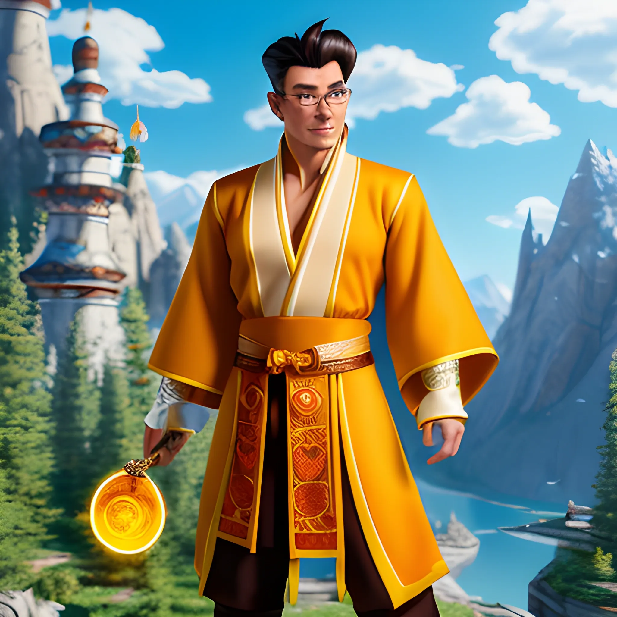 • Citrine (Logic)

• - **Appearance**: Hunter and trader, dressed in traditional Kazakh clothing. He wears a shapan (traditional Kazakh robe) and his accessories include magic items: a book, a bow, a slingshot and a magnifying glass. Citrine also wears glasses, which gives him an analytical mind. tall strong young man, Cartoon, 3D