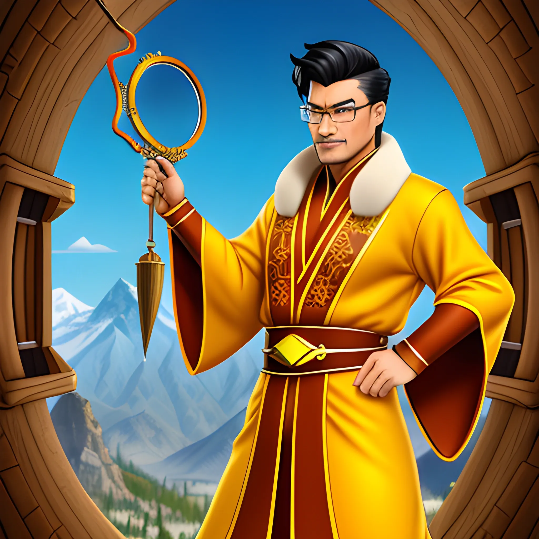 • Citrine (Logic)

• - **Appearance**: Hunter and trader, dressed in traditional Kazakh clothing. He wears a shapan (traditional Kazakh robe) and his accessories include magic items: a book, a bow, a slingshot and a magnifying glass. Citrine also wears glasses, which gives him an analytical mind. tall strong young man, Cartoon, 3D