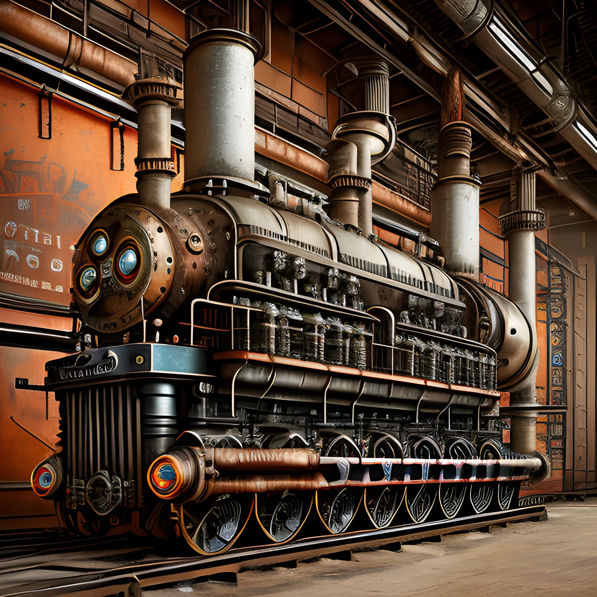 Modern steel and aluminum fuse with turn-of-the- century boiler anatomy in a symphony of industrial nostalgia. Rusted chains drape the colossal structure as intricate patterns emerge from weathered steel frameworks. Neon glow paints the backdrop, casting a surreal spotlight on the meticulously restored engine. - Industrial photorealistic, reminiscent of early 20th century factory photographs.