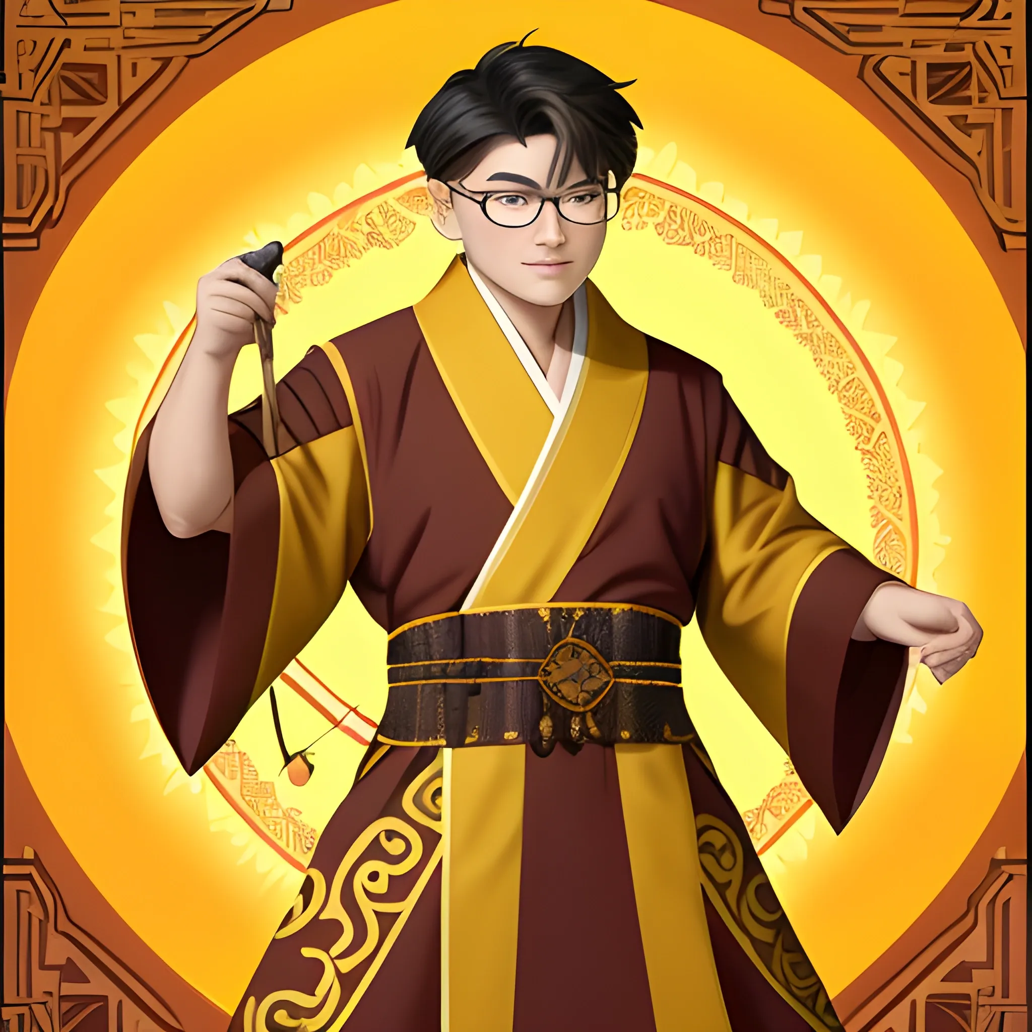 • Citrine (Logic)

• - **Appearance**: Hunter and trader, dressed in traditional Kazakh clothing. He wears a shapan (traditional Kazakh robe) and his accessories include magic items: a book, a bow, a slingshot and a magnifying glass. Citrine also wears glasses, which gives him an analytical mind.