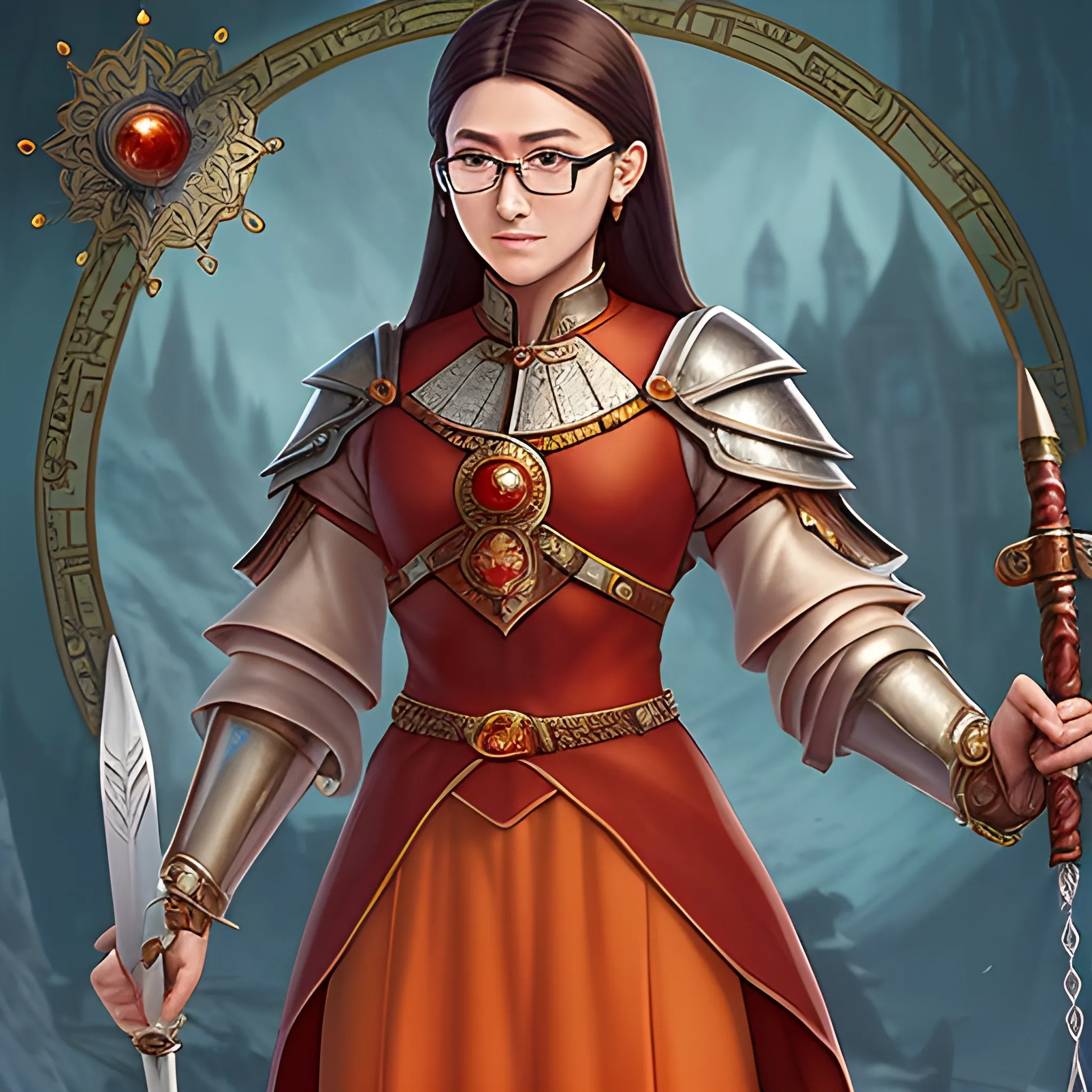 • Carnelian (Memory)


• - **Appearance**: A scientist and a knight, dressed in a Kazakh dress, magical attributes: glasses, jewelry, a sword with a notepad and pencil, wears a traditional camisole with magical chain mail.