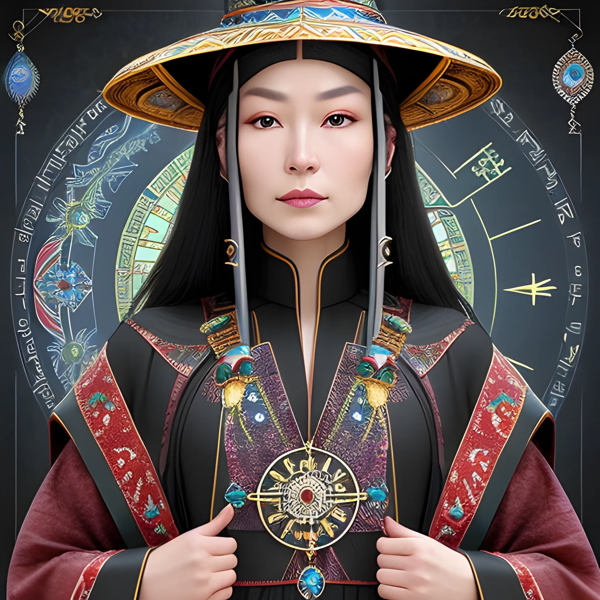 • Hematite (Intuition)


• - **Appearance**: Detective and healer, magical attributes: 10 rings, compass, maps, staff. She is dressed in traditional Kazakh attire and wears a malakai (traditional hat).