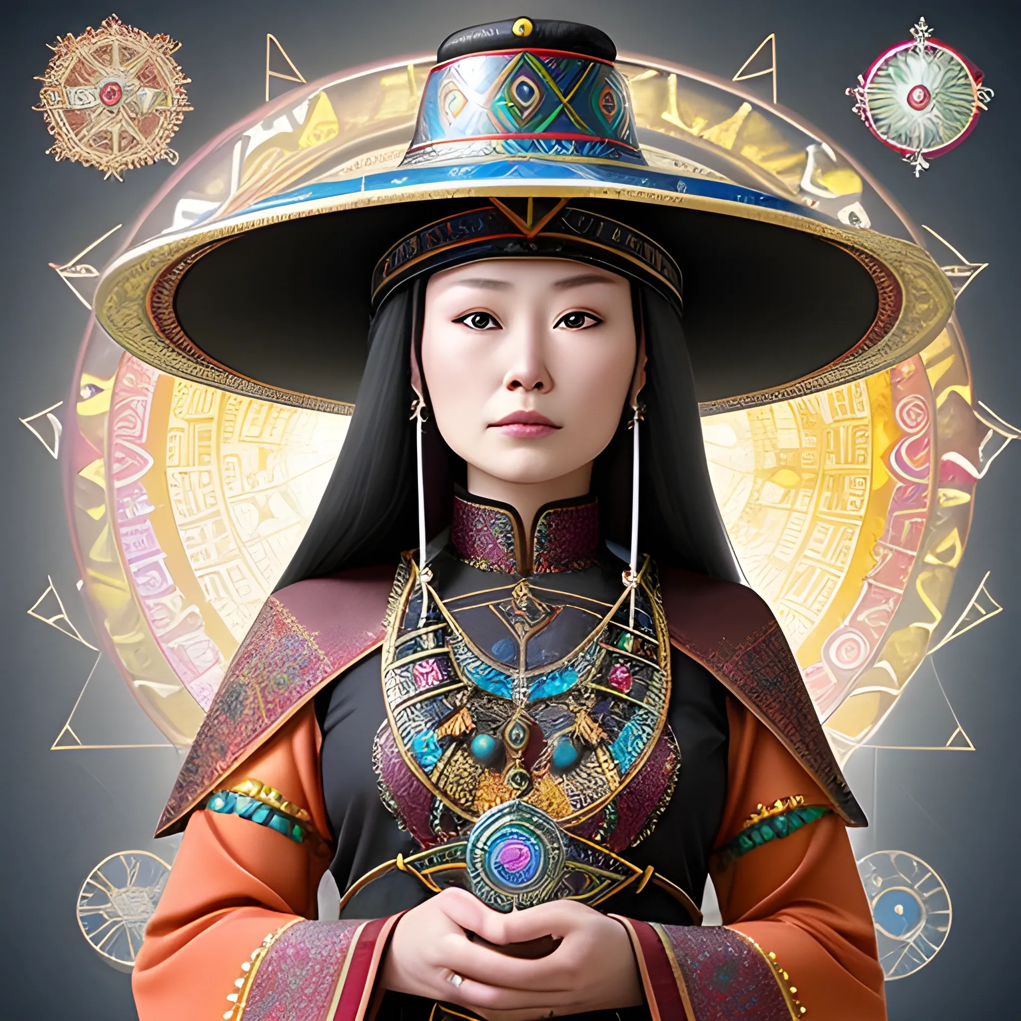 • Hematite (Intuition)


• - **Appearance**: Detective and healer, magical attributes: 10 rings, compass, maps, staff. She is dressed in traditional Kazakh attire and wears a malakai (traditional hat).