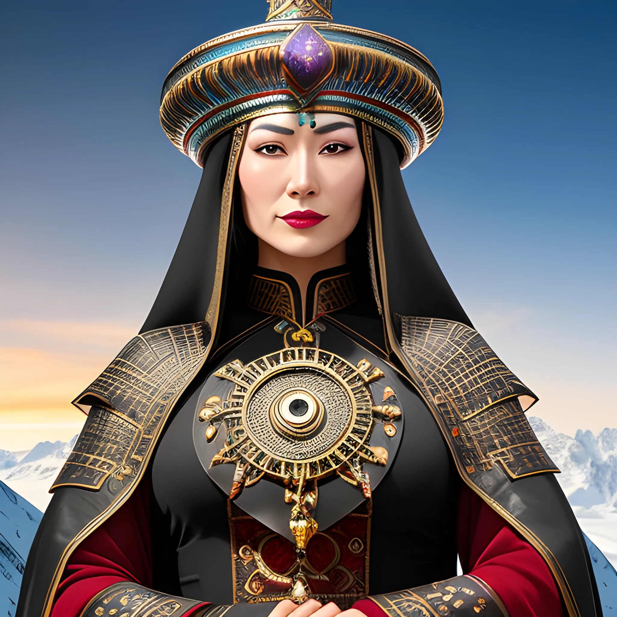 Hematite (Intuition) European
Appearance Detective and healer, magical attributes: 10 rings, compass, maps, staff. She is dressed in traditional Kazakh attire and wears a malakai traditional hat girl